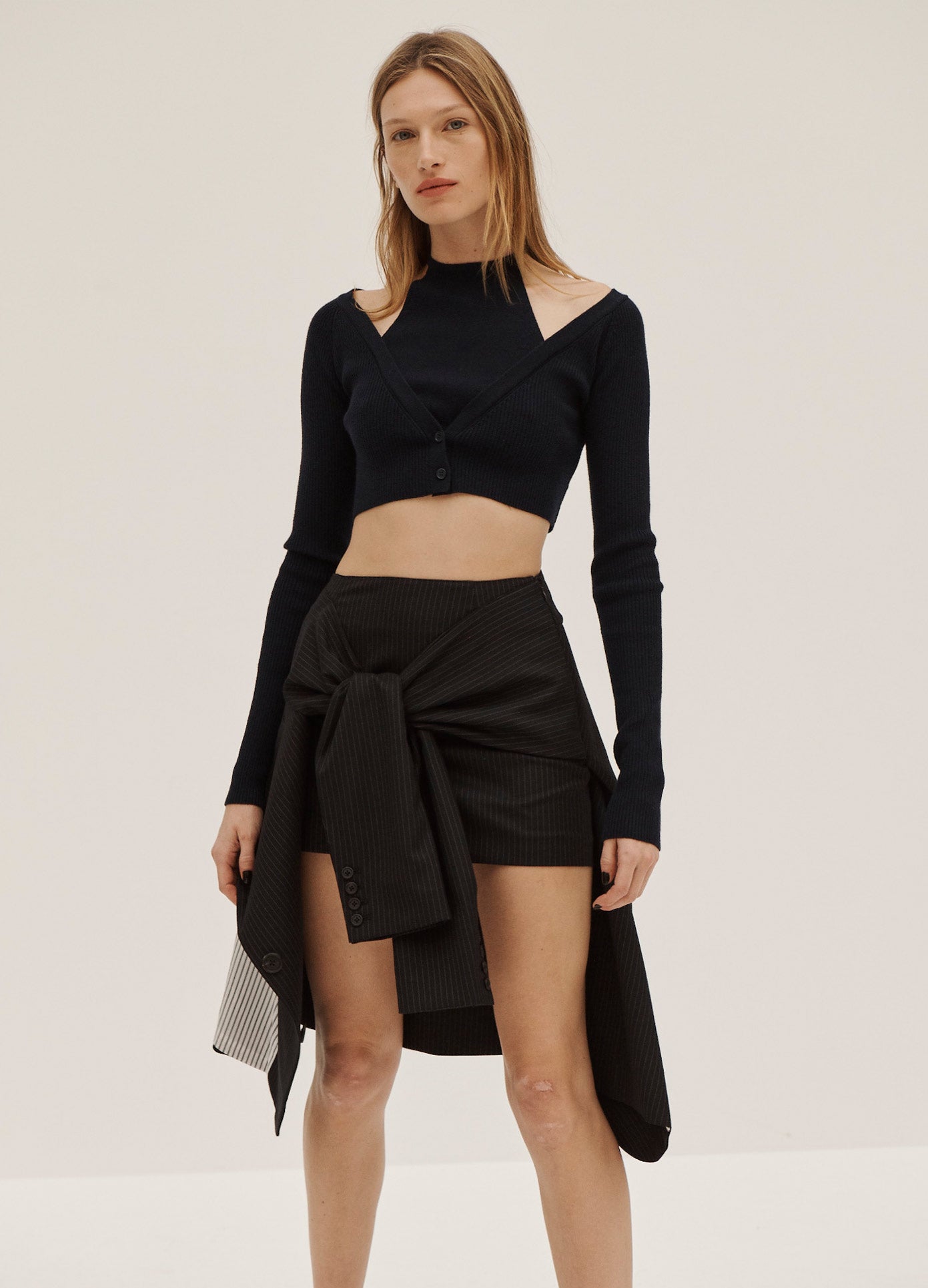 MONSE Cropped Cardigan Knit in Midnight on Model Front View