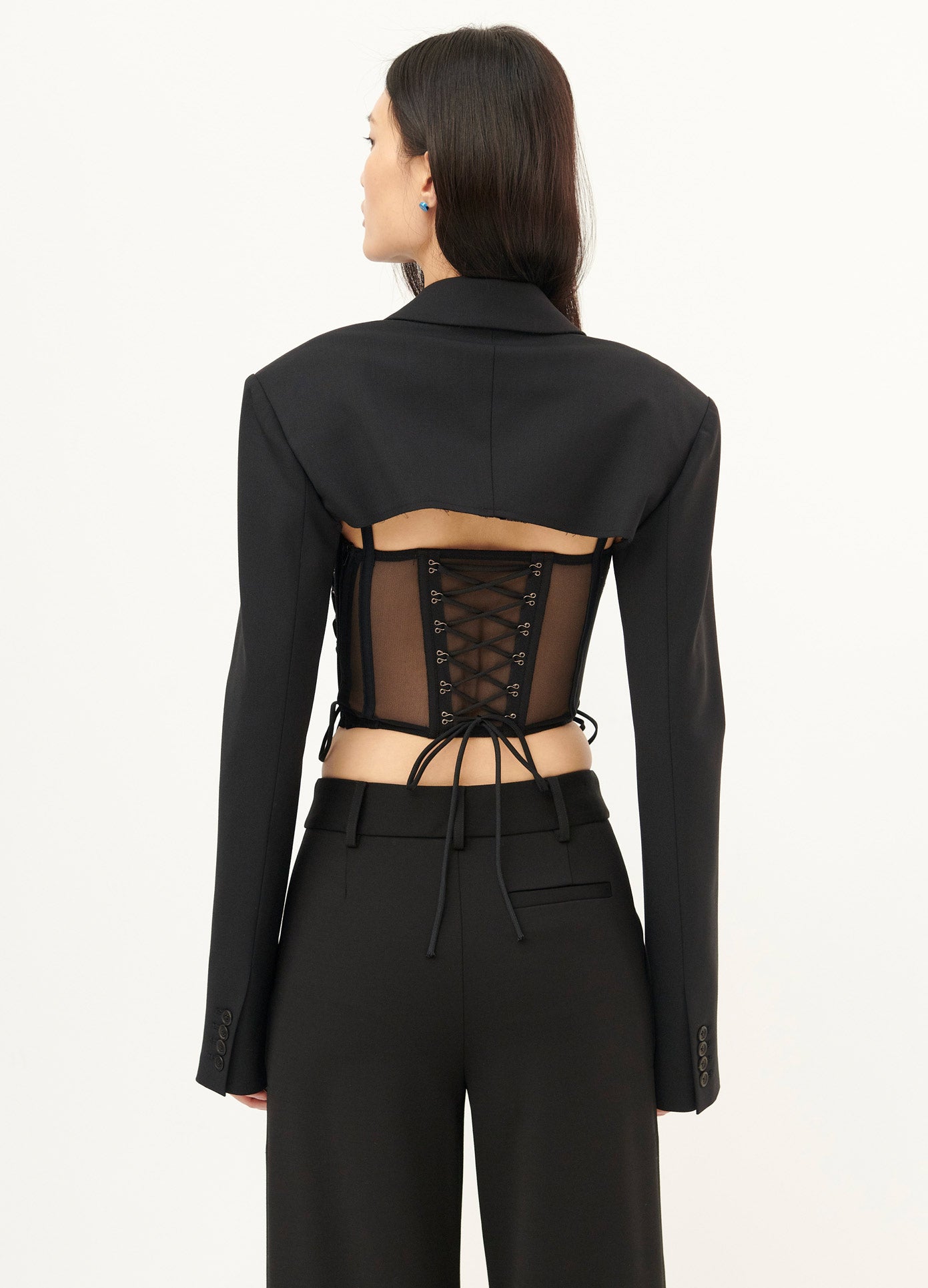 MONSE Cropped Jacket in Black on Model Back View