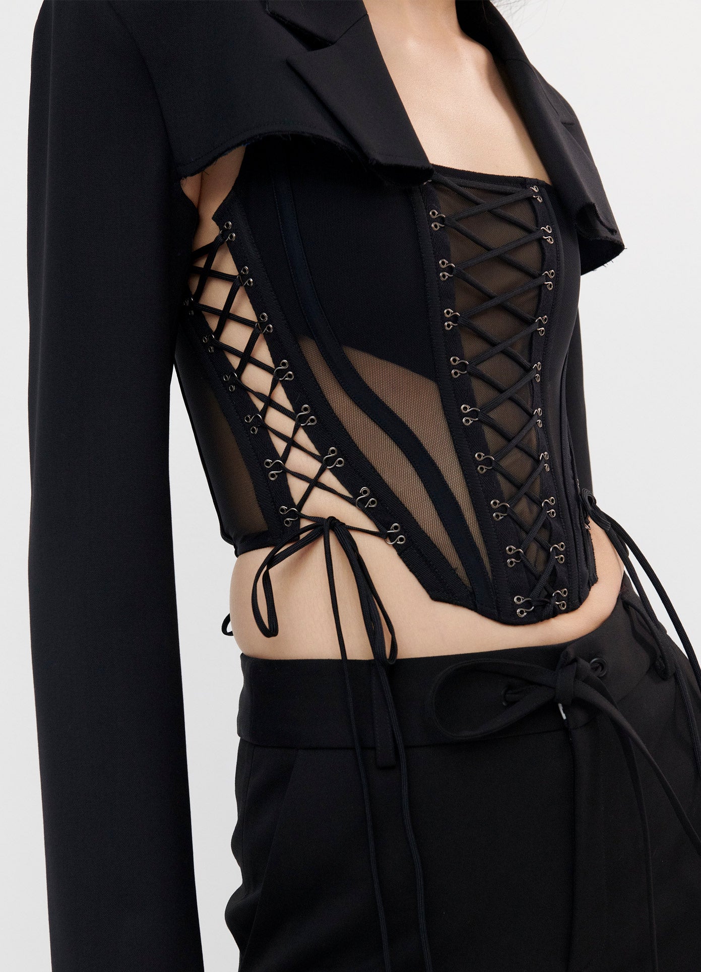 MONSE Cropped Jacket in Black on Model Front Detail View