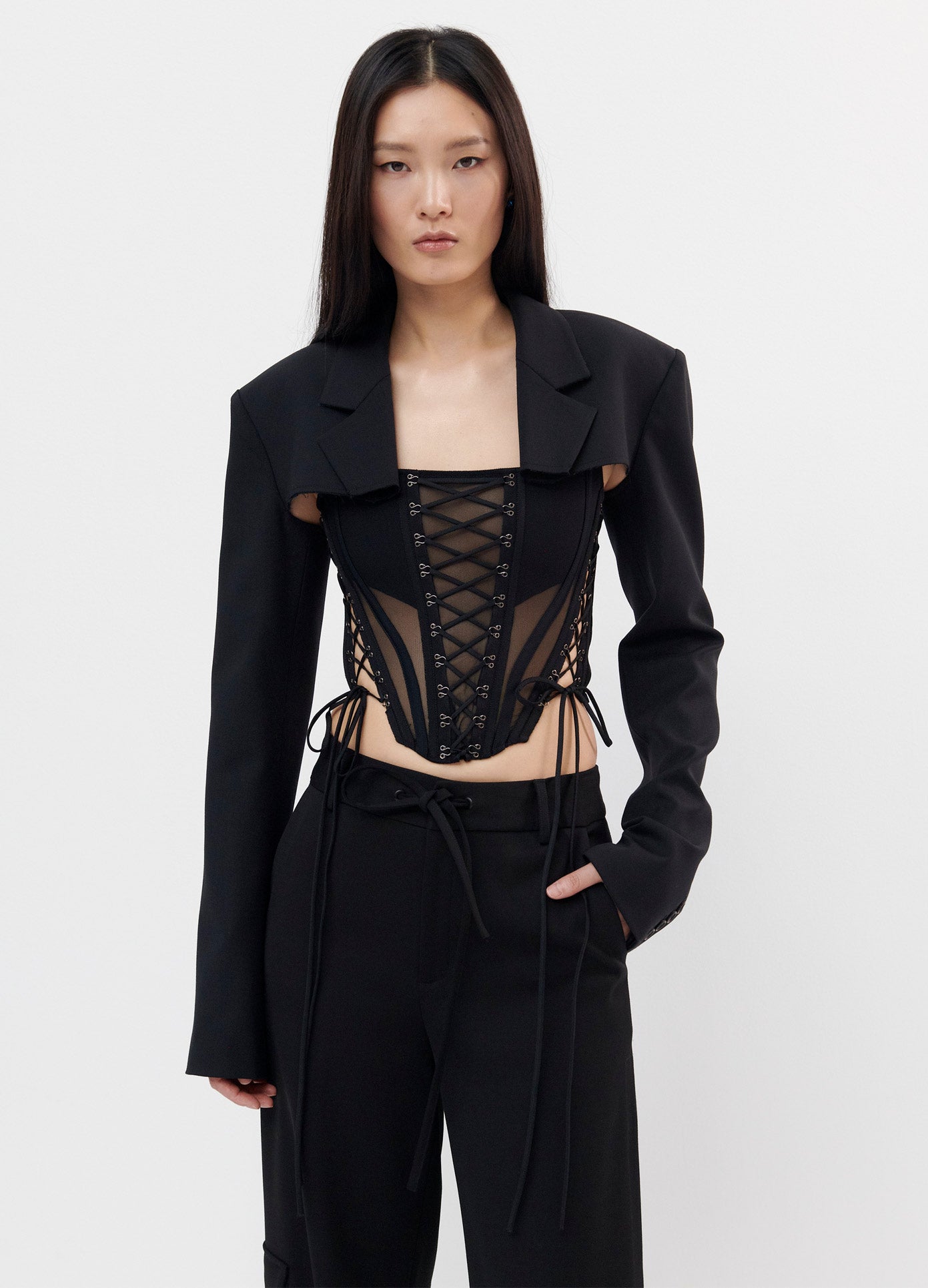 MONSE Cropped Jacket in Black on Model Front View