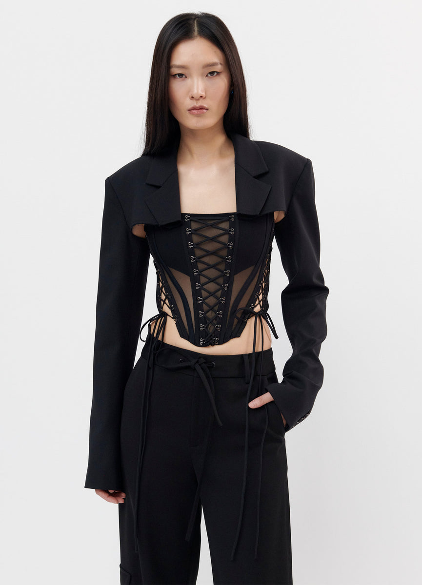 Cropped Jacket in Black Stretch Wool Gabardine