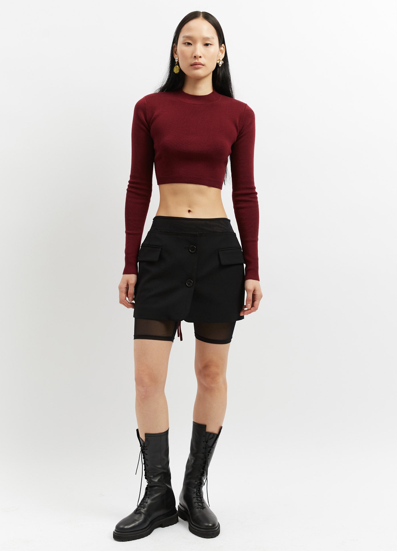 MONSE Cropped Laced Knit Top in Merlot on Model Full Front View