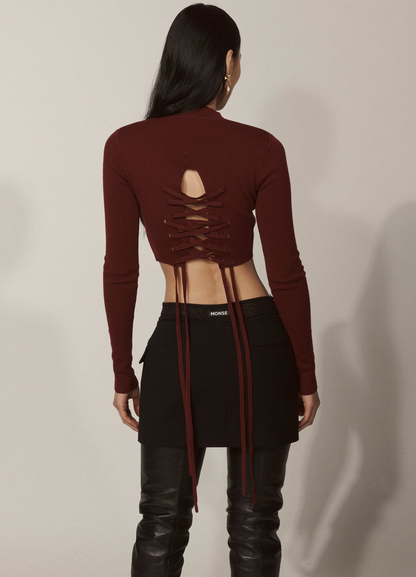 MONSE Cropped Laced Knit Top in Merlot on Model Lookbook Back View