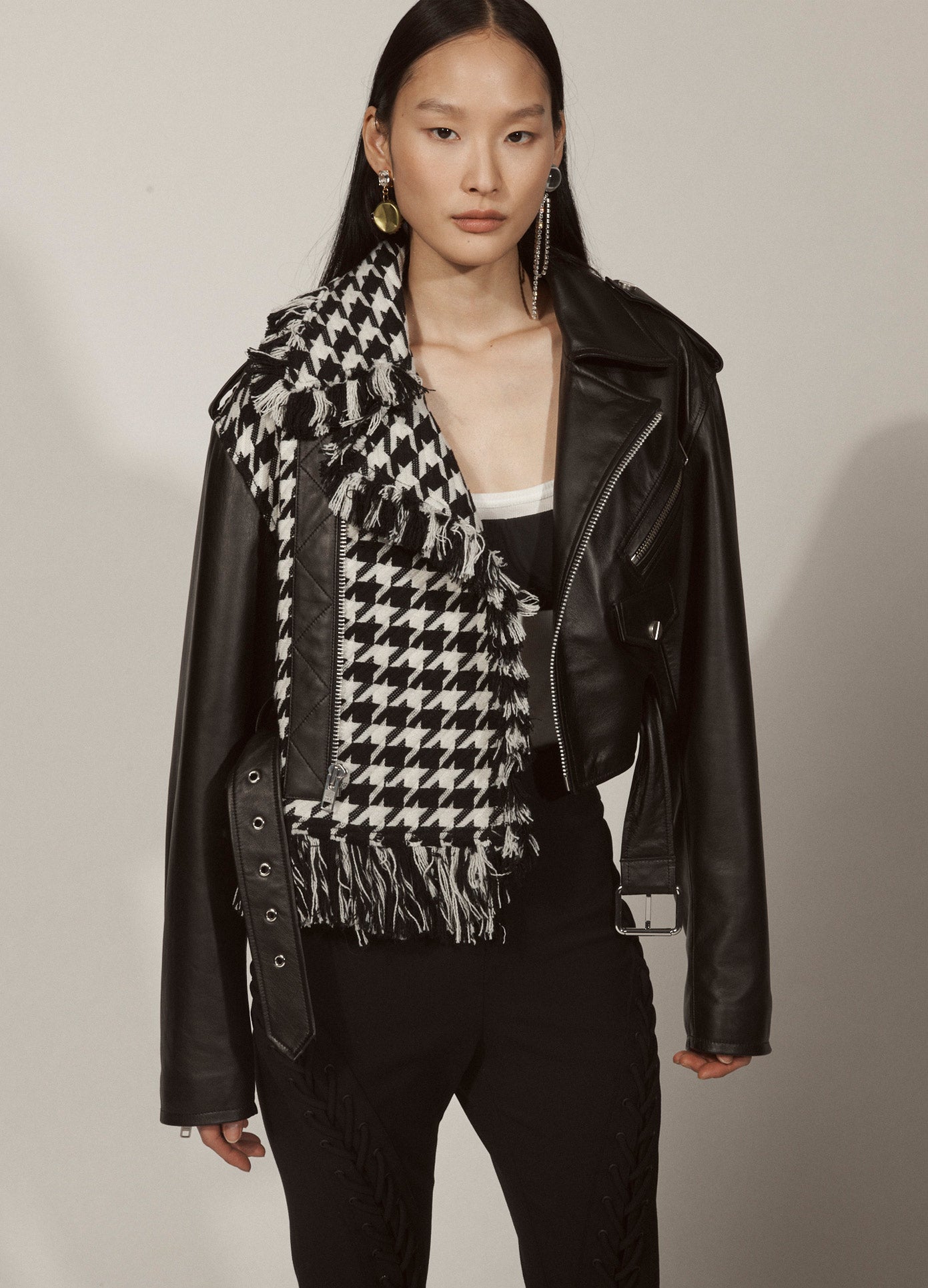MONSE Cropped Tweed Leather Jacket in Black on Model Front View