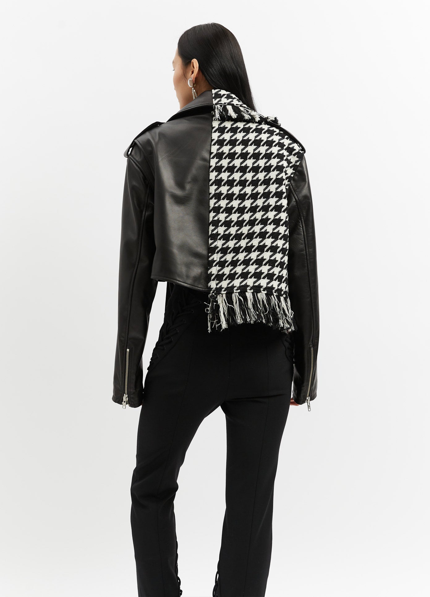 MONSE Cropped Tweed Leather Jacket in Black and White on Model Back View