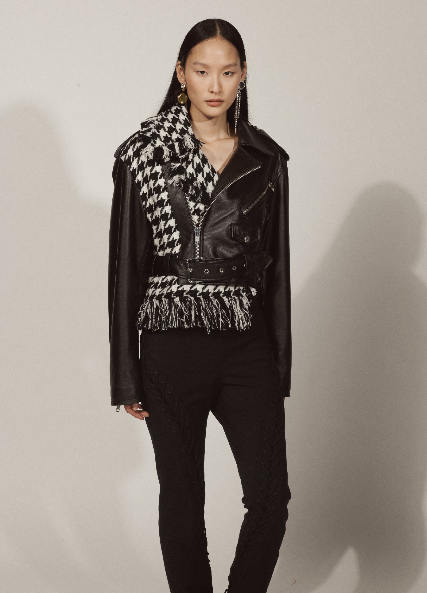MONSE Cropped Tweed Leather Jacket in Black and White on Model Front View