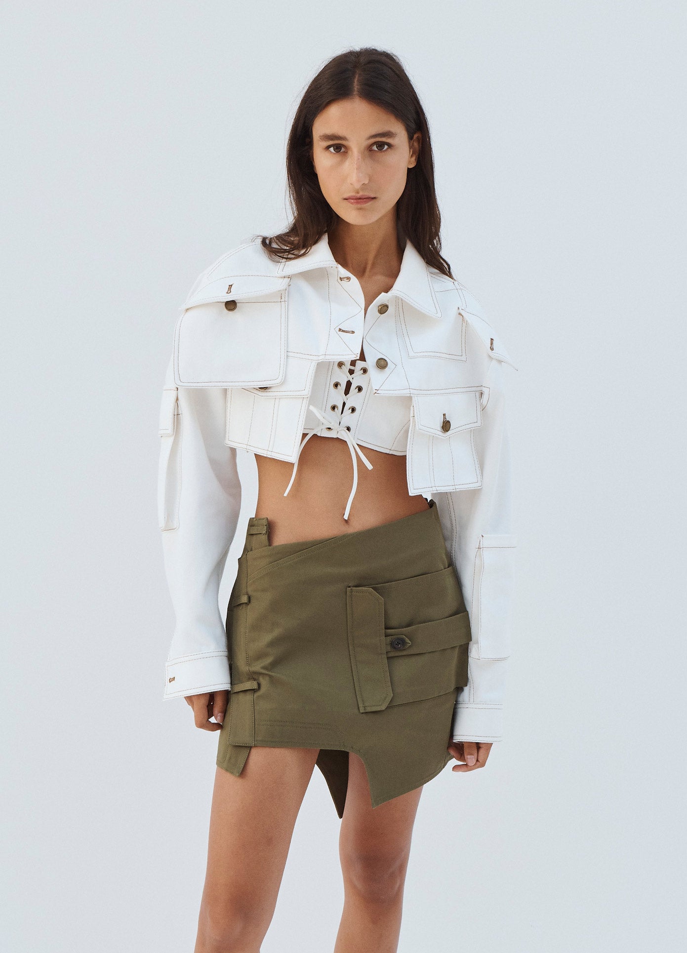 MONSE Cropped White Denim Jacket on Model Front View