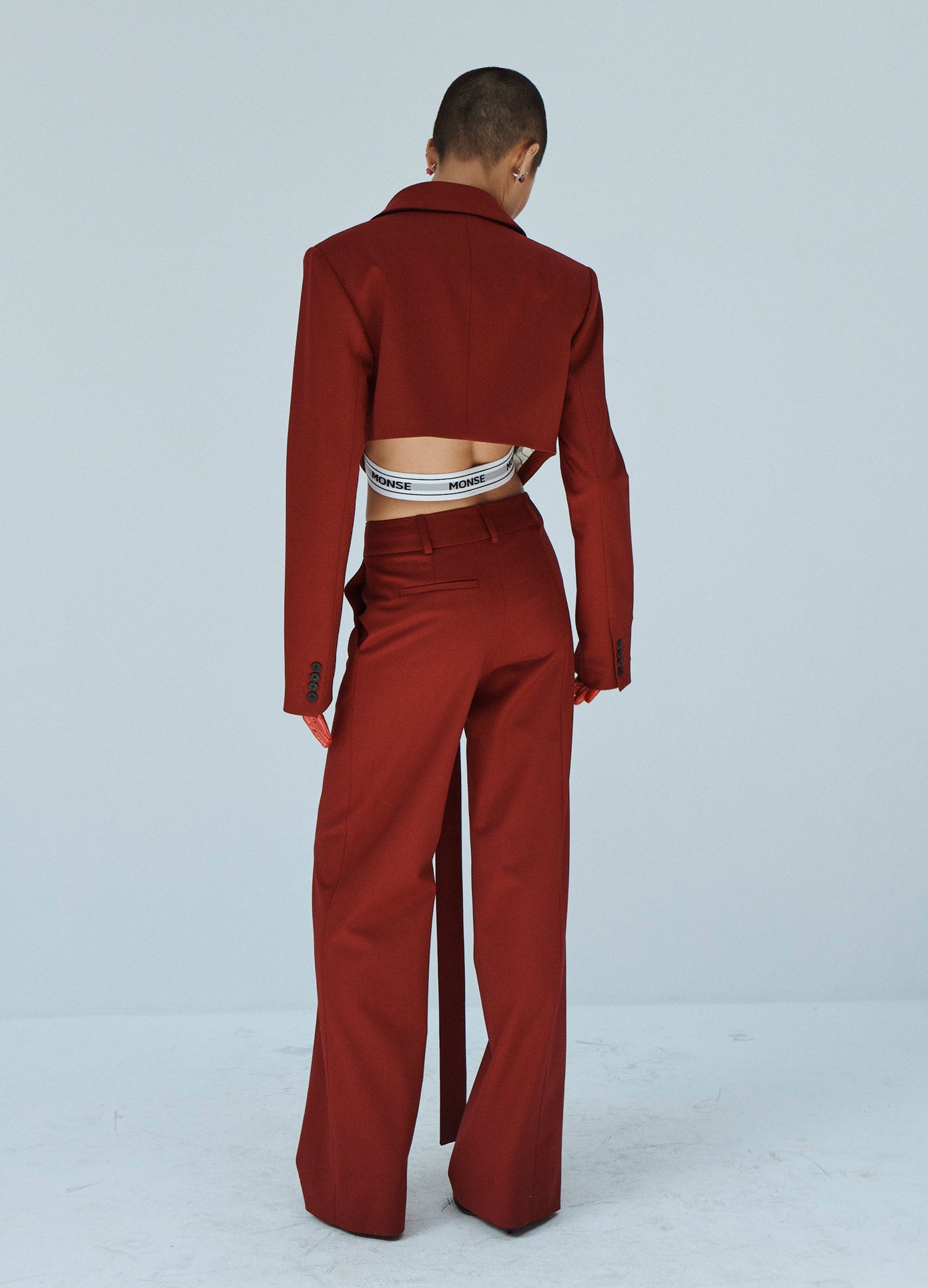MONSE Cropped Wrap Jacket in Ruby on Model Back View