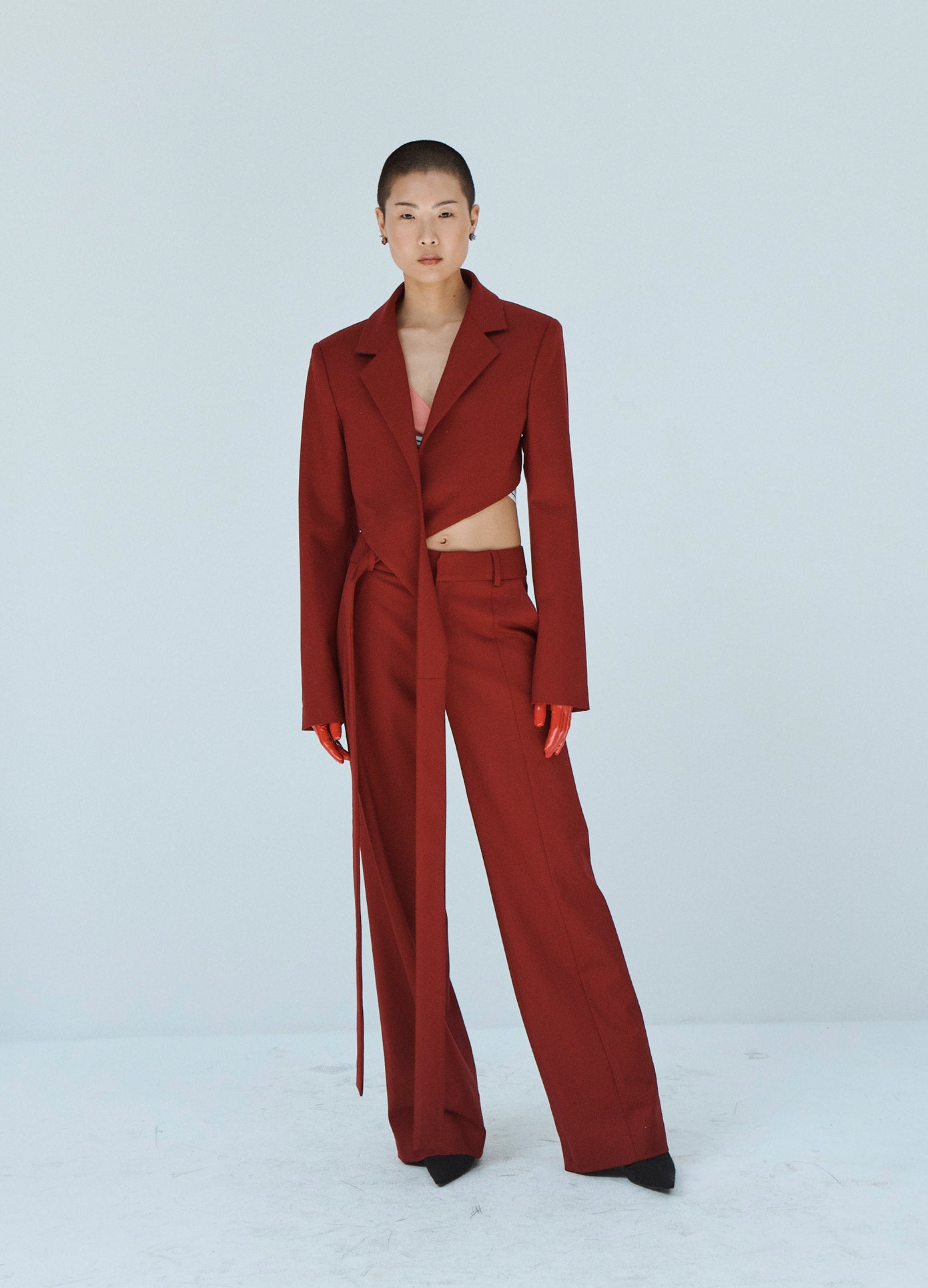 MONSE Cropped Wrap Jacket in Ruby on Model Front View