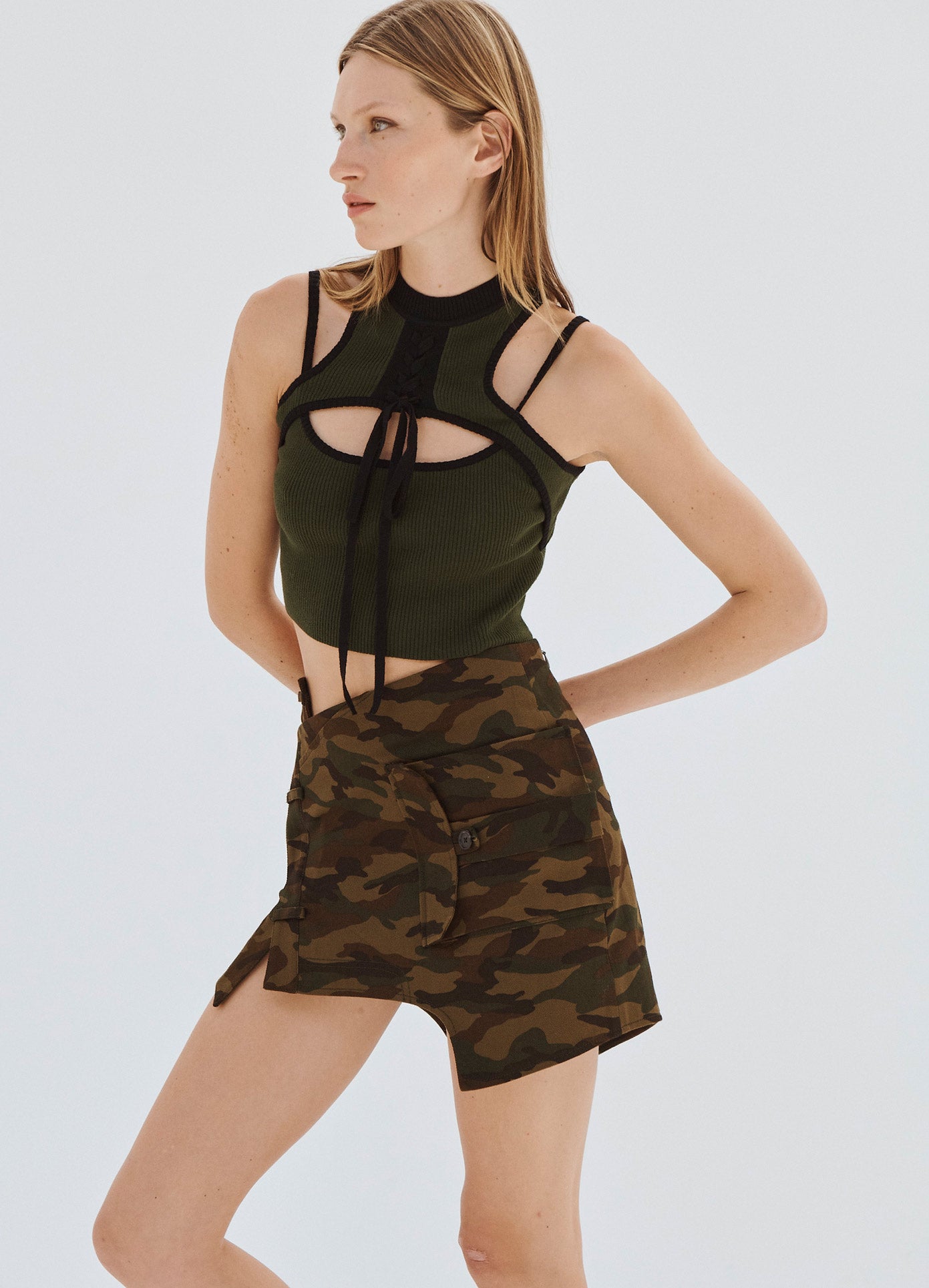 MONSE Deconstructed Trouser Mini Skirt with Pockets in Camo on Model Side Closeup View
