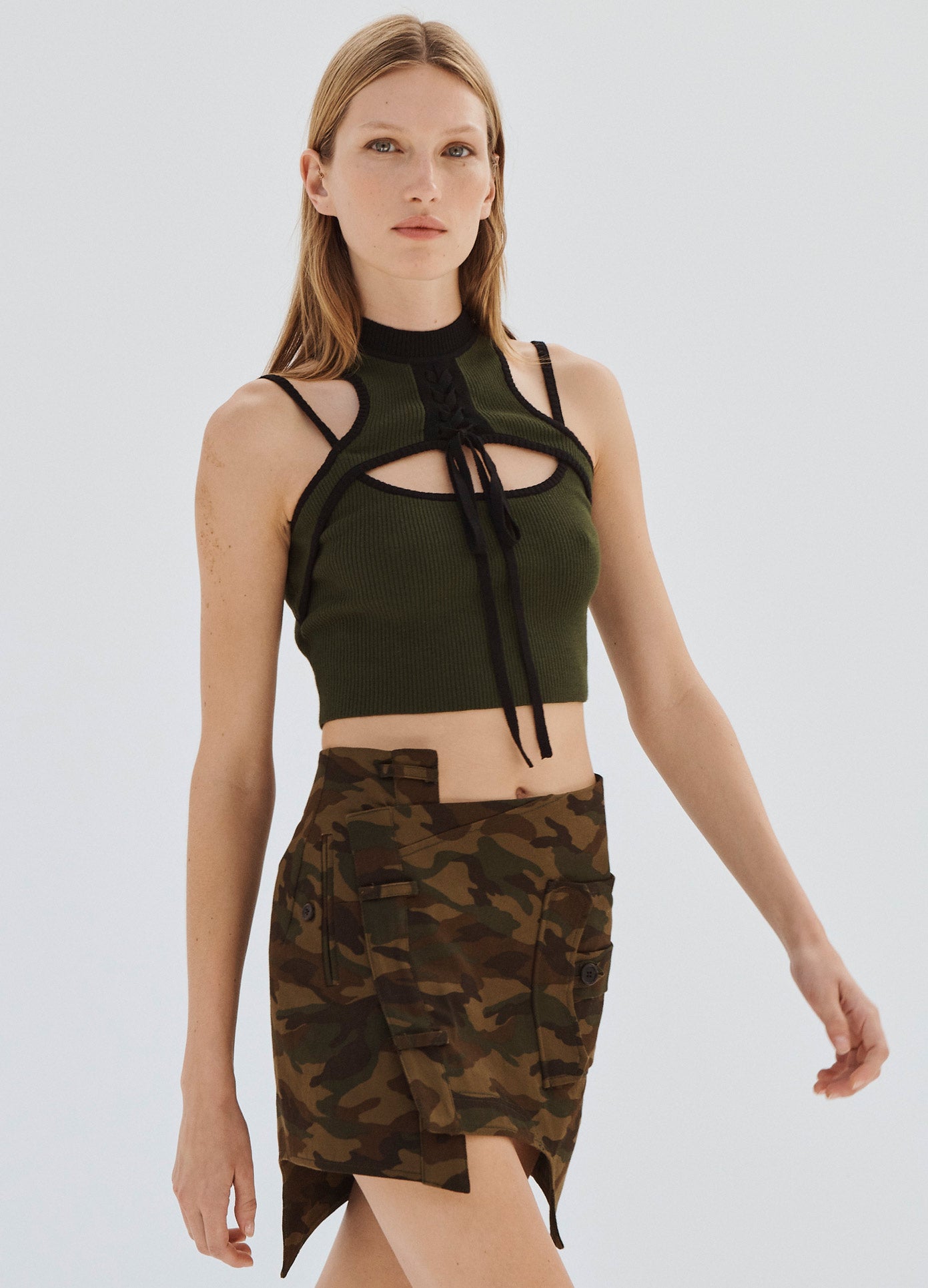 MONSE Deconstructed Trouser Mini Skirt with Pockets in Camo on Model Walking Front View