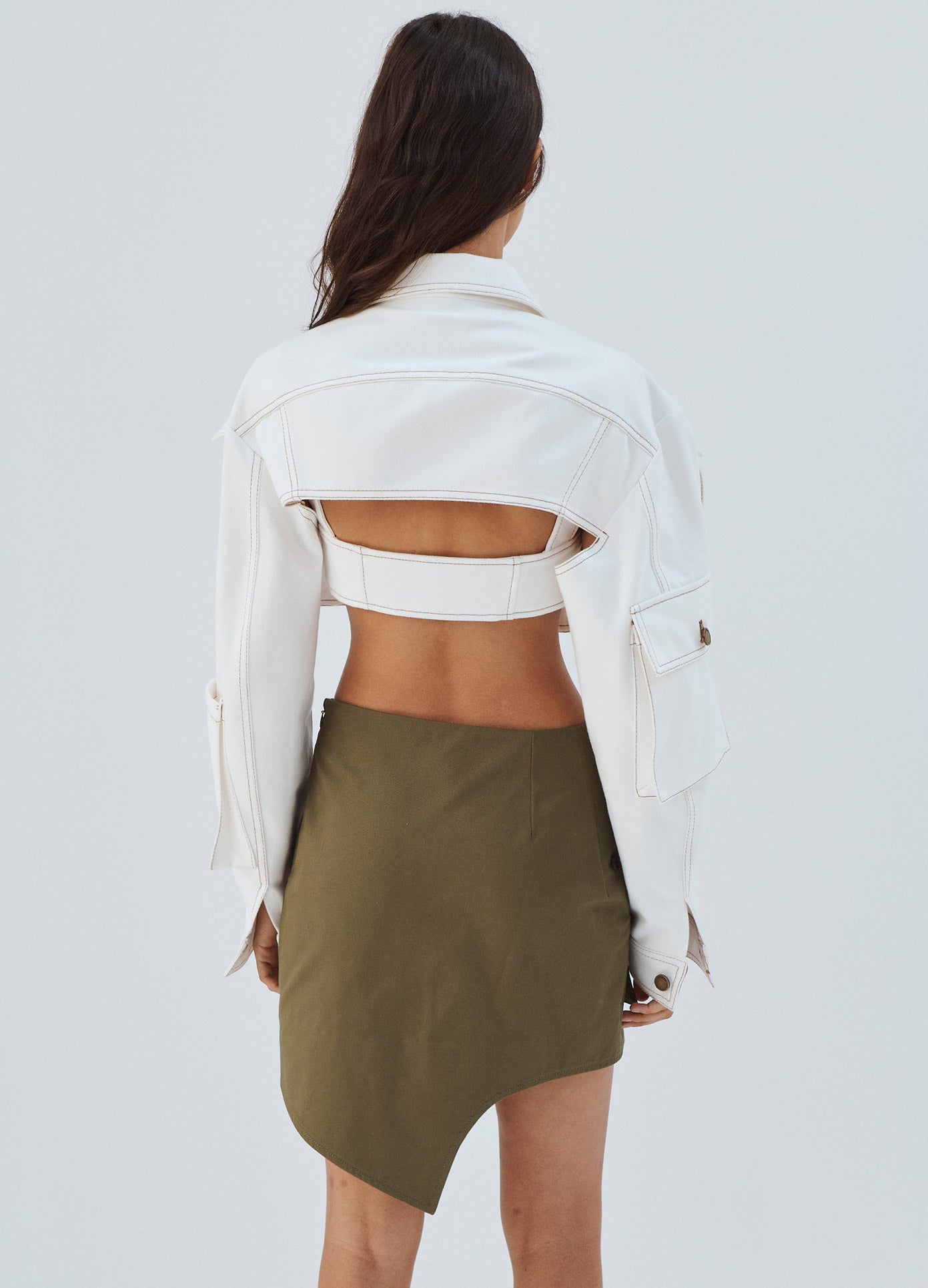 MONSE Deconstructed Trouser Mini Skirt with Pockets in Olive Back View