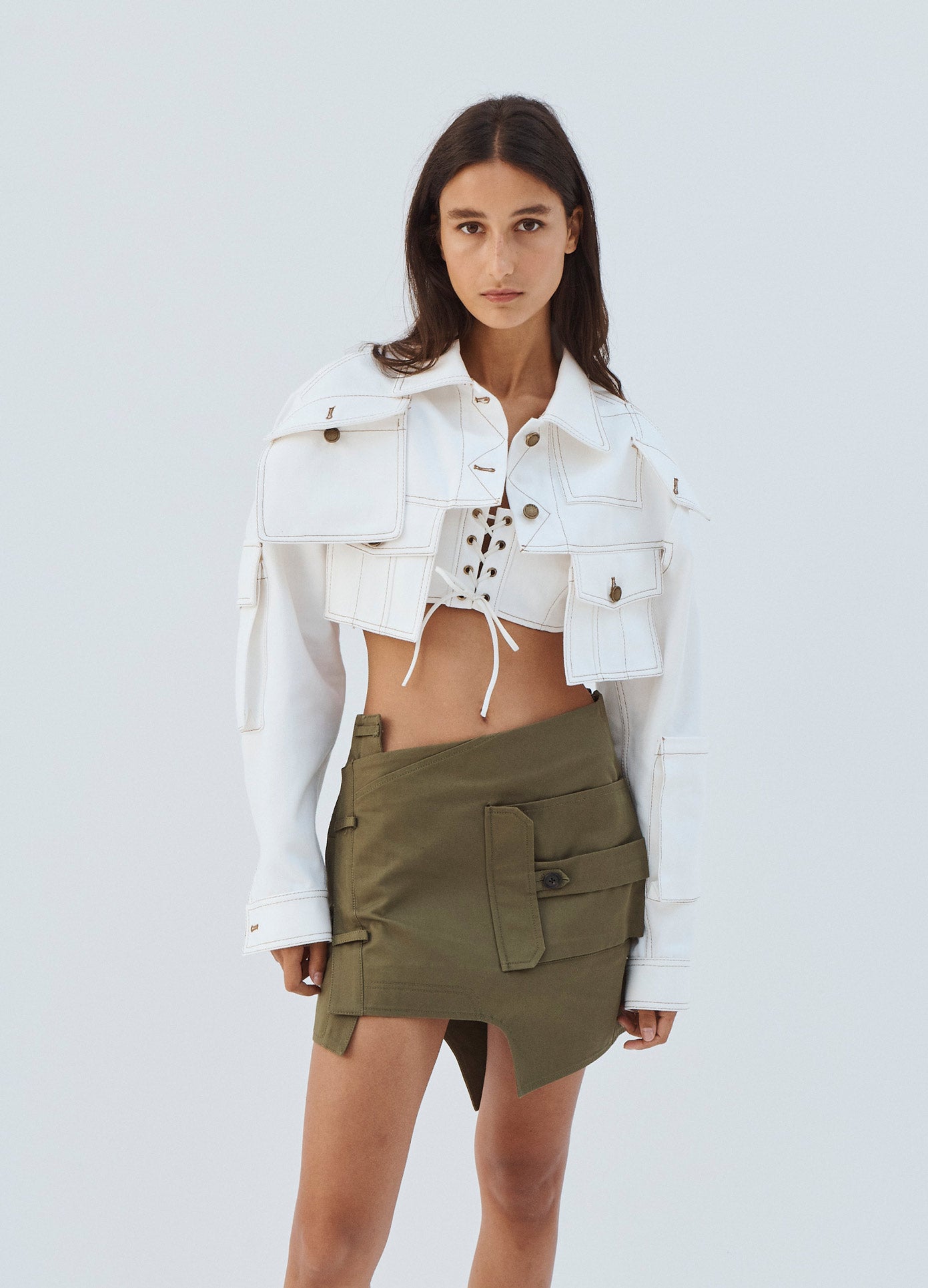 MONSE Deconstructed Trouser Mini Skirt with Pockets in Olive Front View