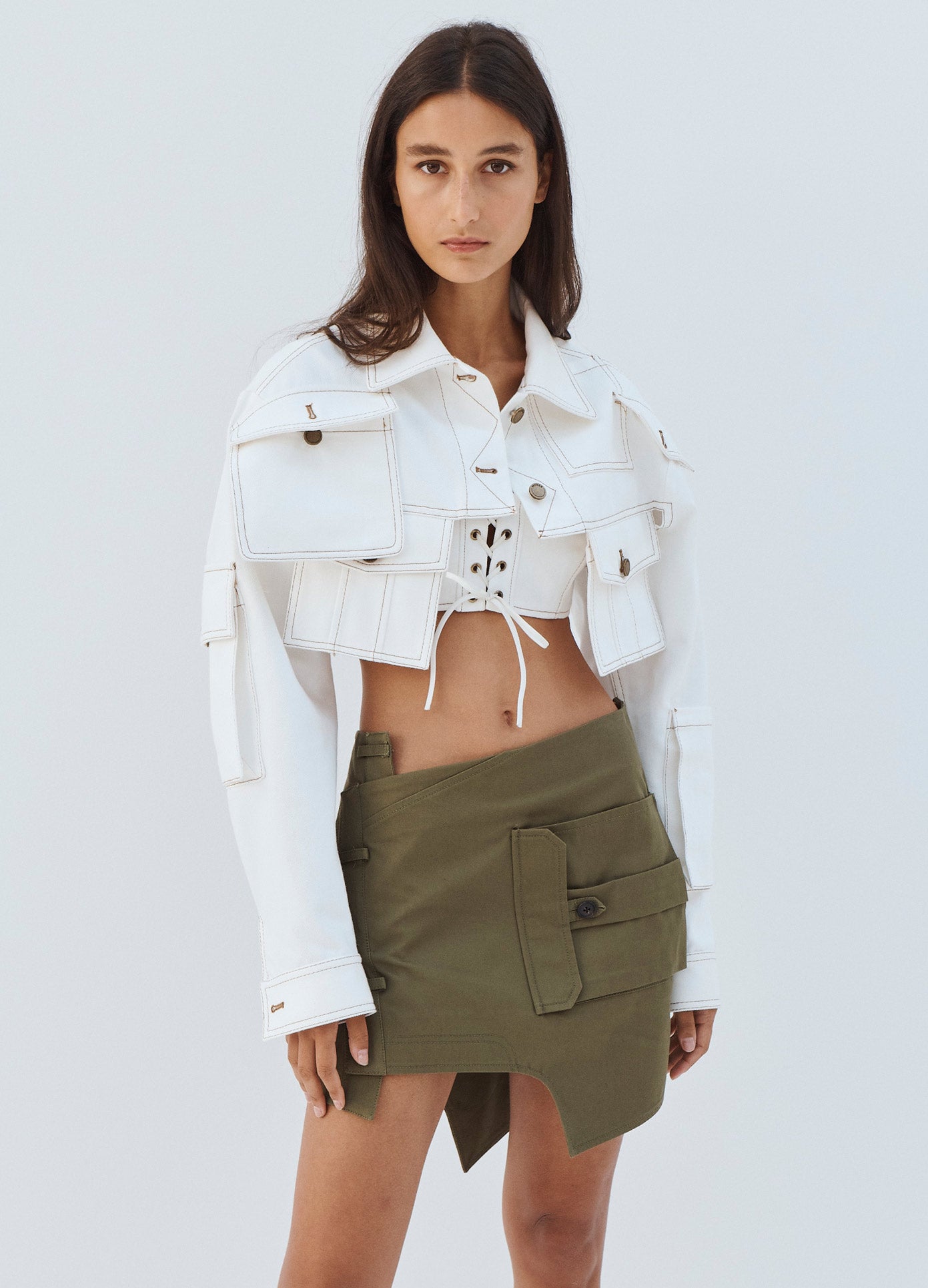 MONSE Deconstructed Trouser Mini Skirt with Pockets in Olive Front View 2