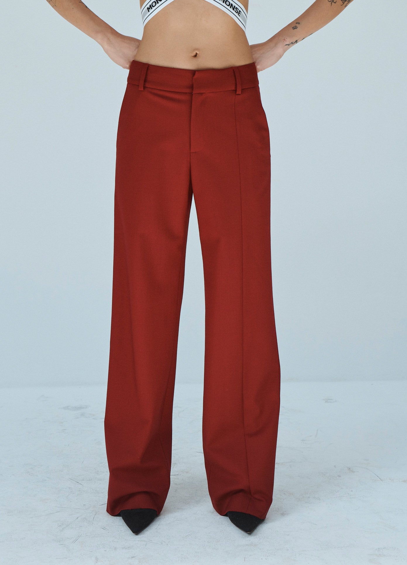 MONSE Deconstructed Trouser in Ruby on Model Front Detail View