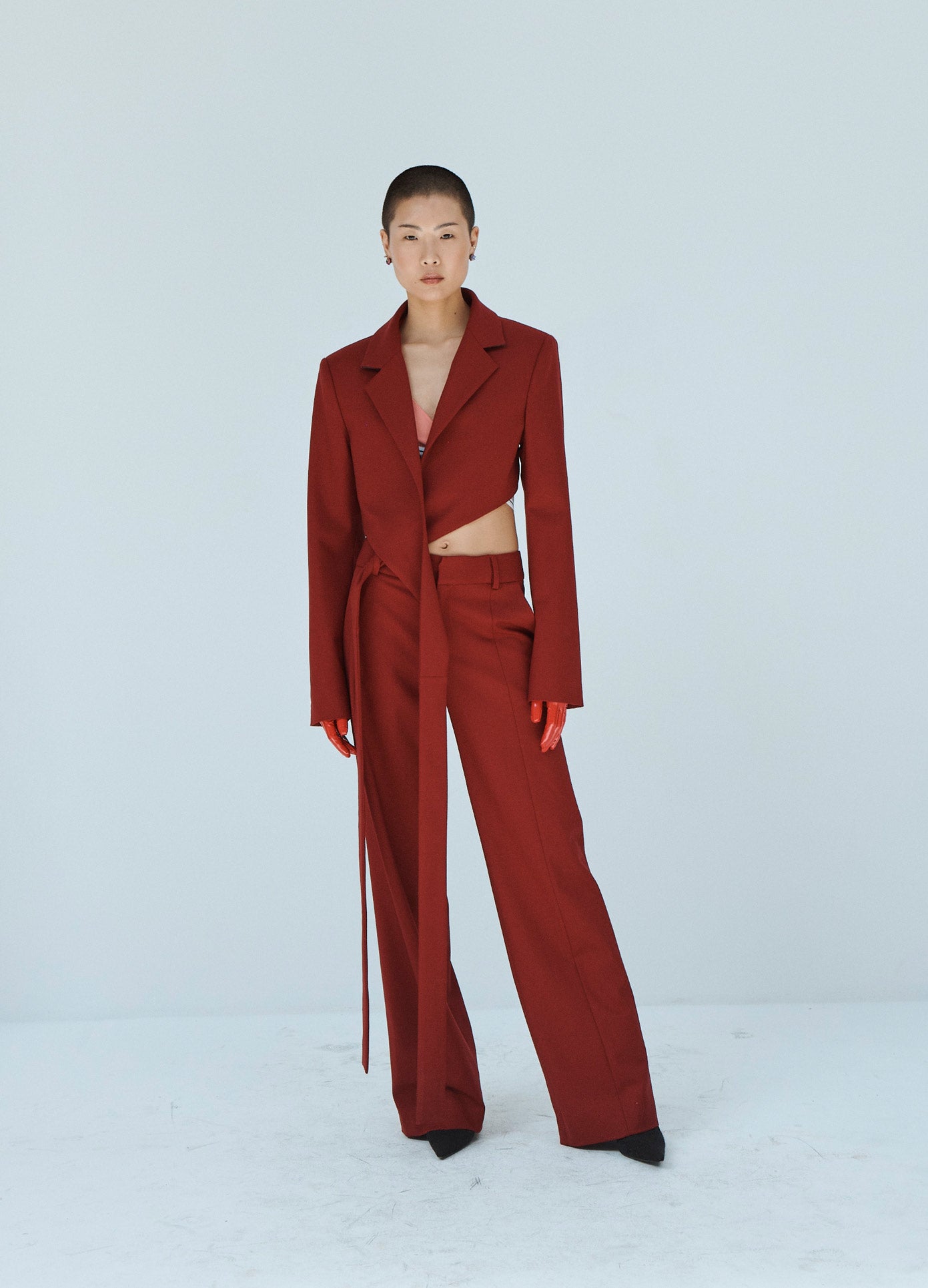 MONSE Deconstructed Trouser in Ruby on Model Front View