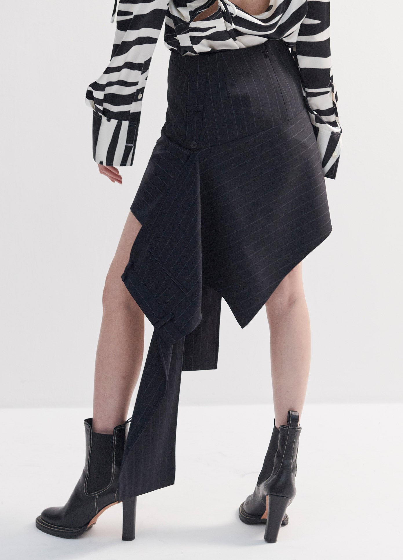 MONSE Deconstructed Trouser Skirt in Midnight on Model Back Detail View