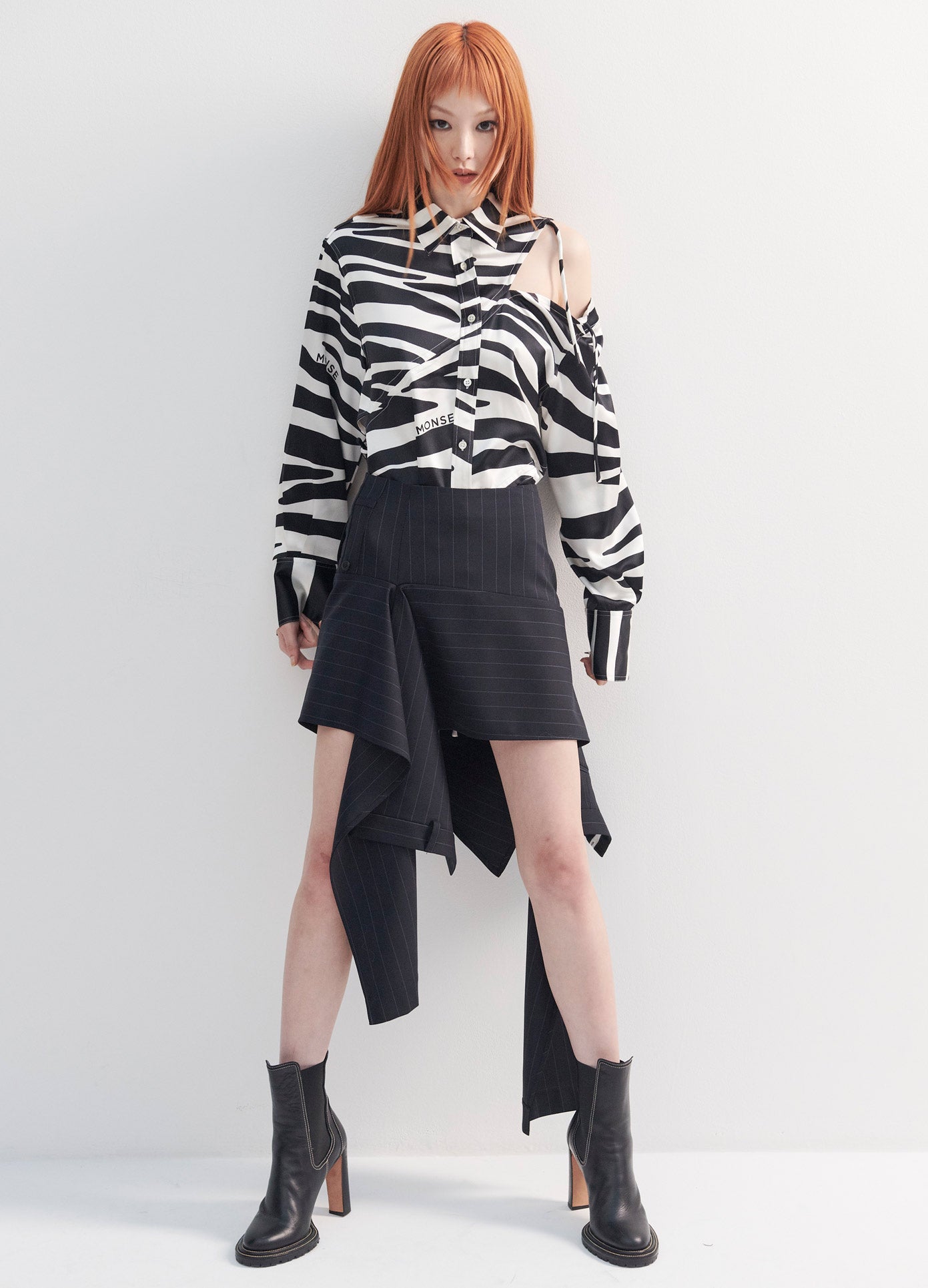 MONSE Deconstructed Trouser Skirt in Midnight on Model Full Front View