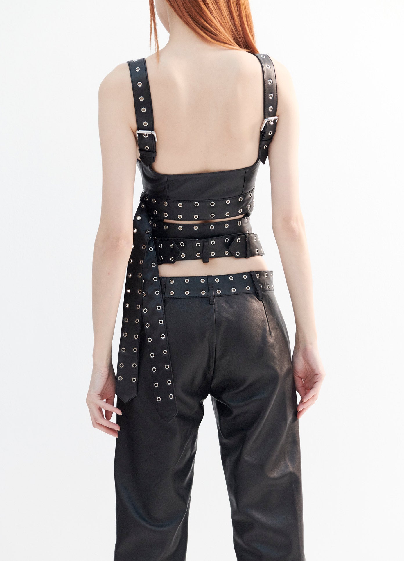 MONSE Double Belted Leather Bra Top in Black on Model Back View