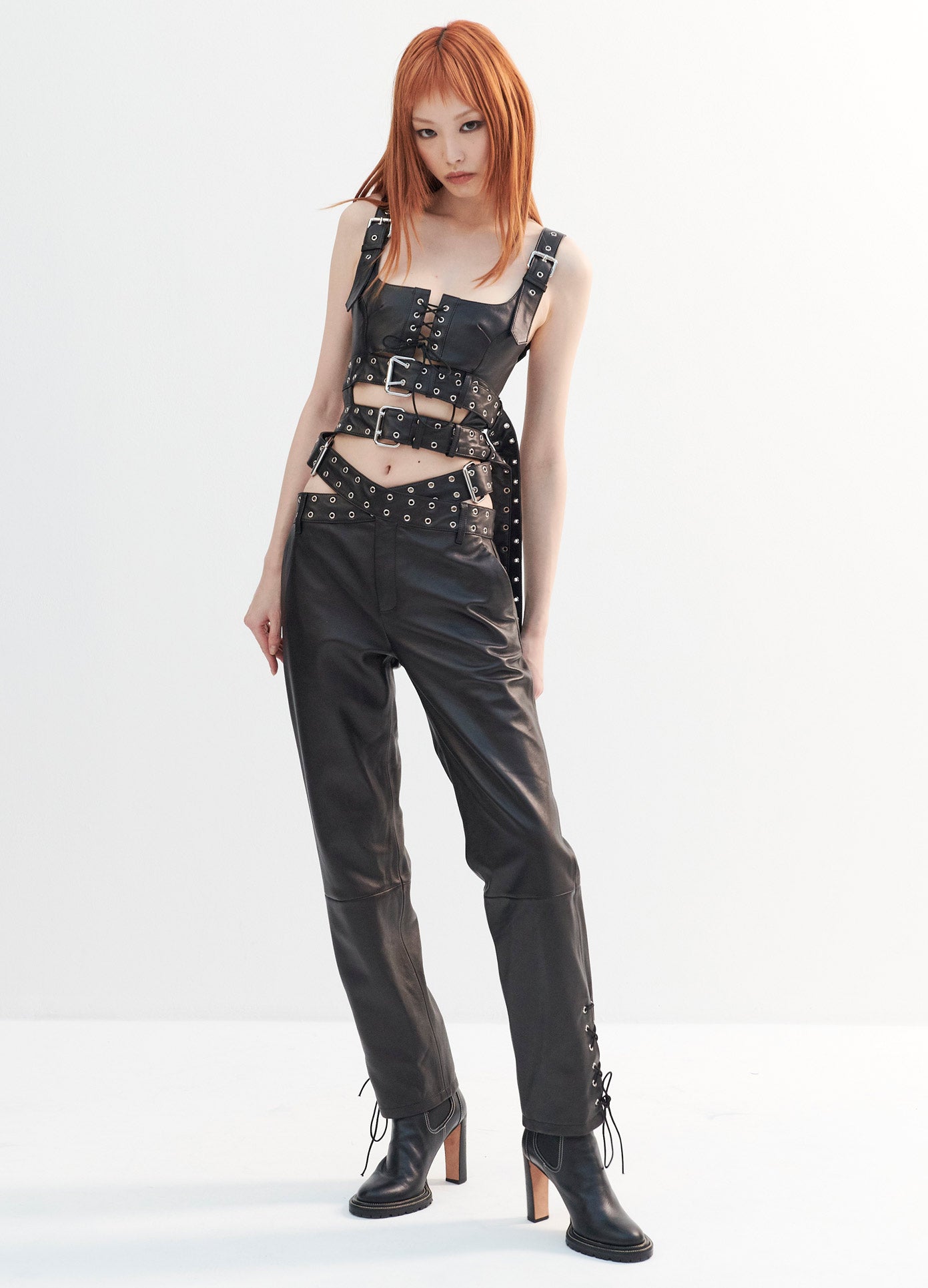 MONSE Double Belted Leather Bra Top in Black on Model Full Front View