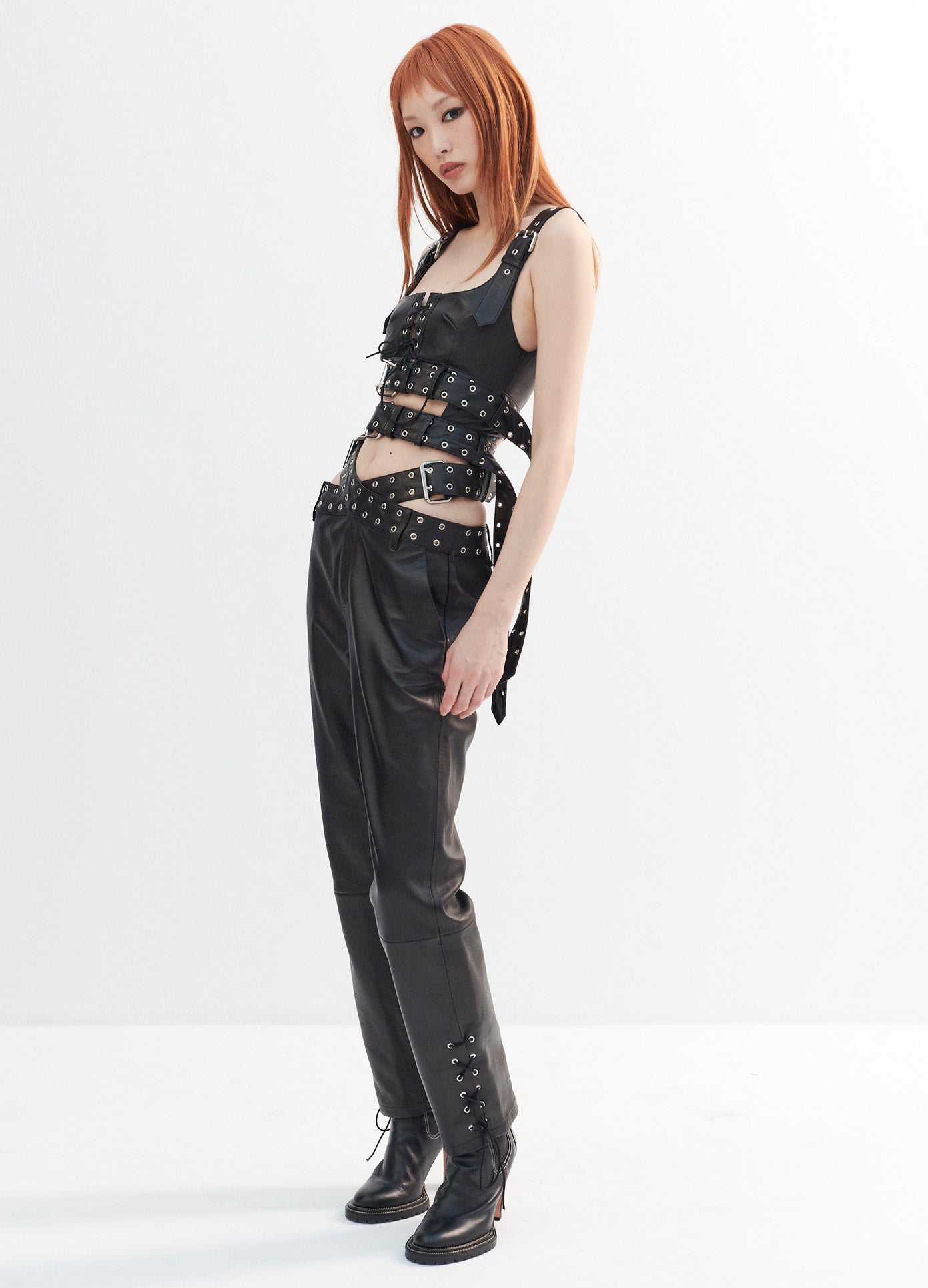 MONSE Double Belted Leather Bra Top in Black on Model Full Side View