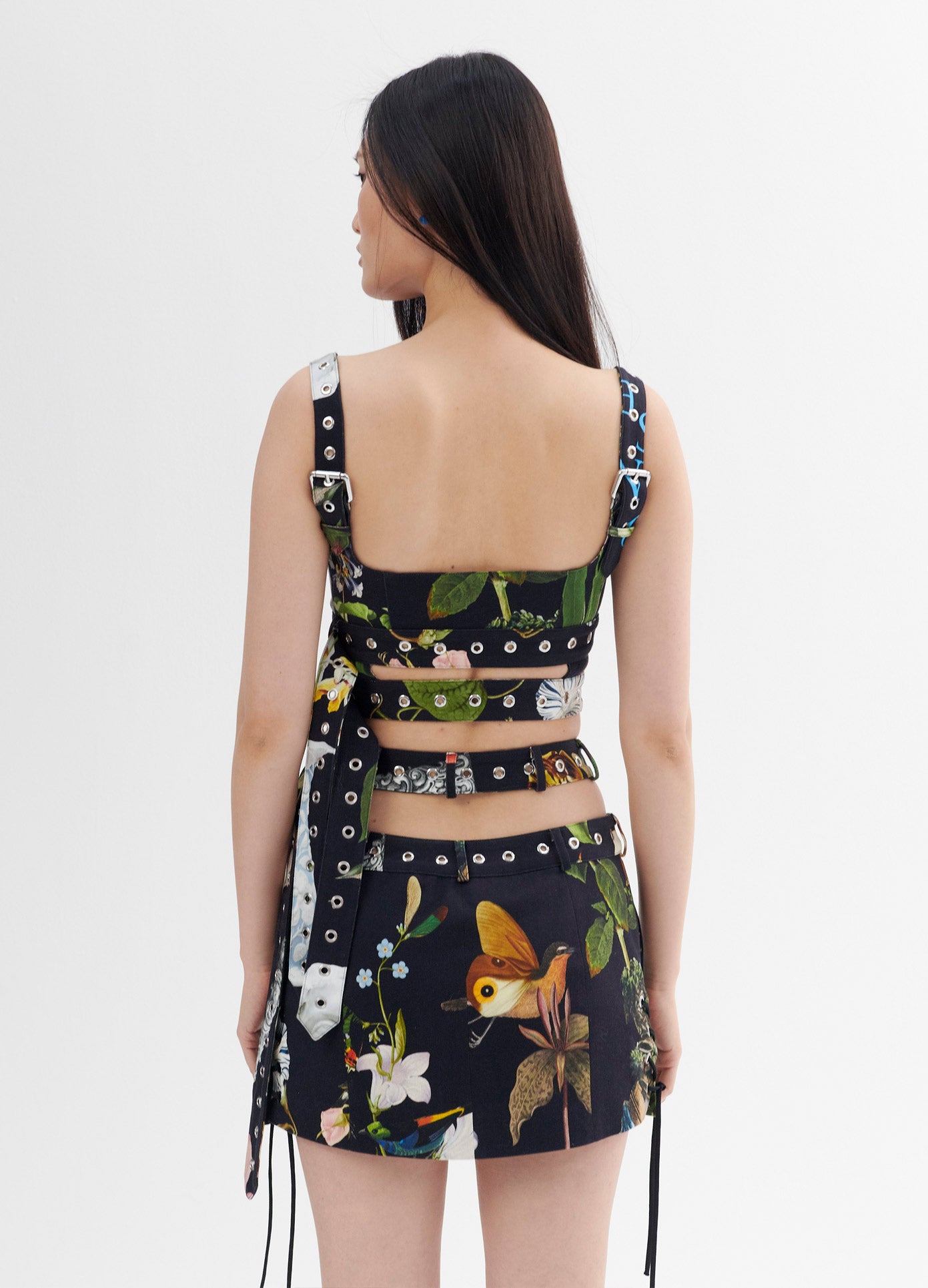MONSE Double Belted Print Bra Top in Black Multi on Model Back View