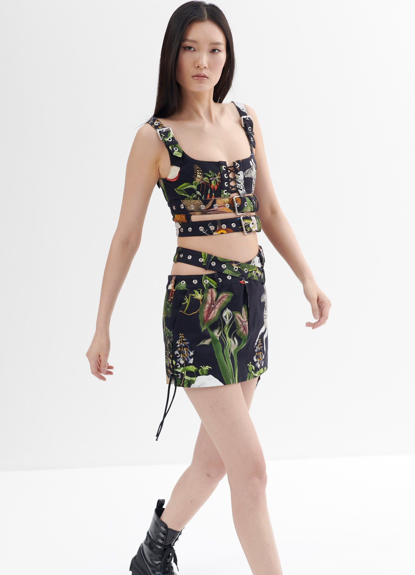 MONSE Double Belted Print Bra Top in Black Multi on Model Walking Front View