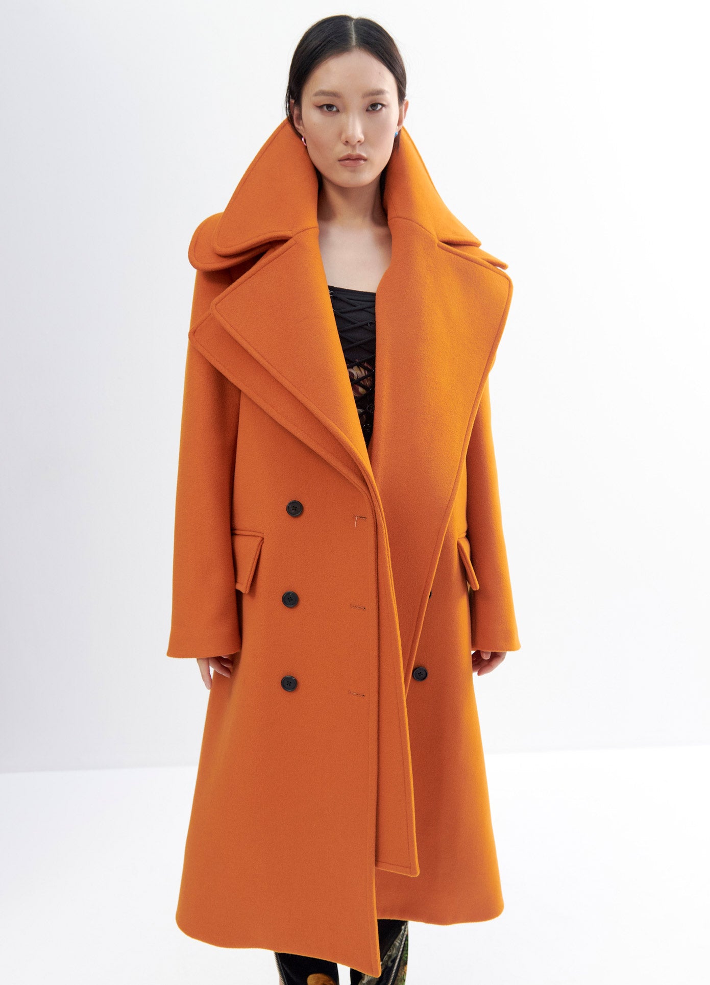 MONSE Double Collar Coat in Orange on Model Front View