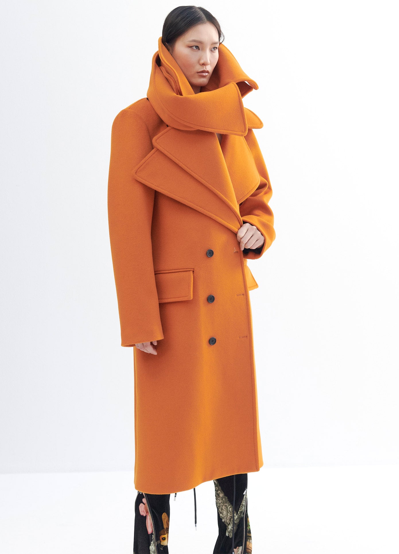 MONSE Double Collar Coat in Orange on Model Full Side View