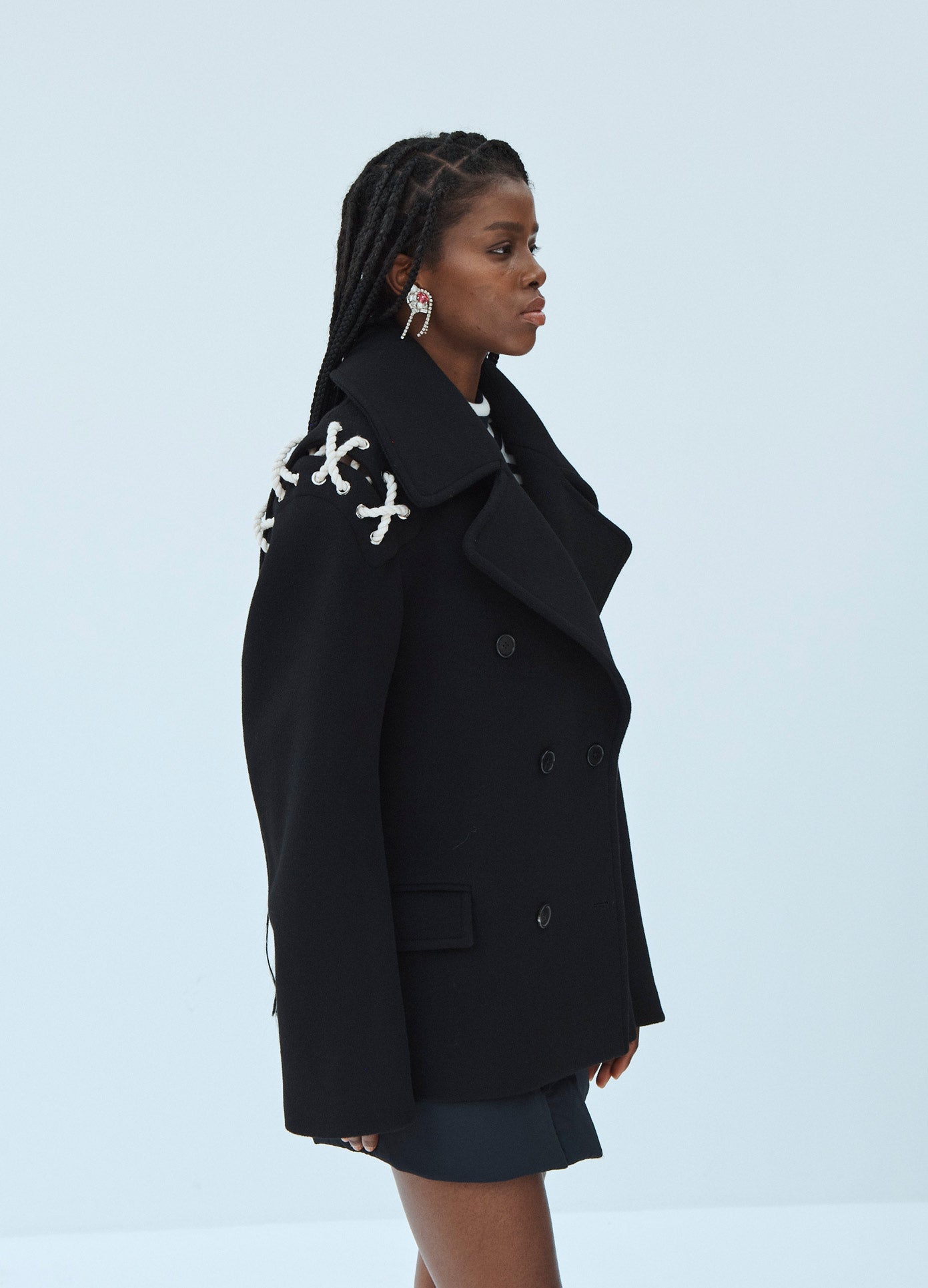 MONSE Double Faced Wool Peacoat in Black on Model Side View