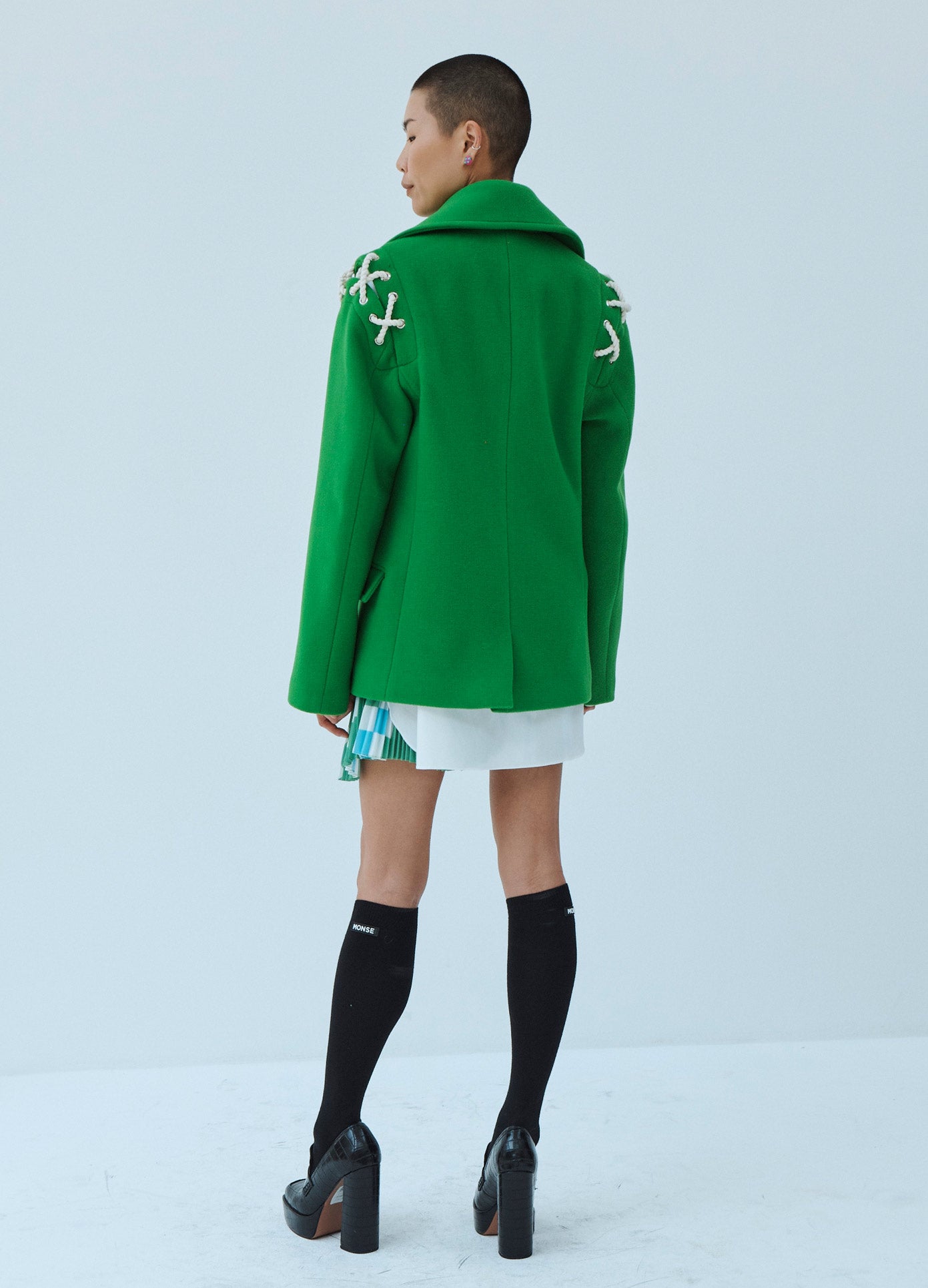 MONSE Double Faced Wool Peacoat in Green on Model Back View