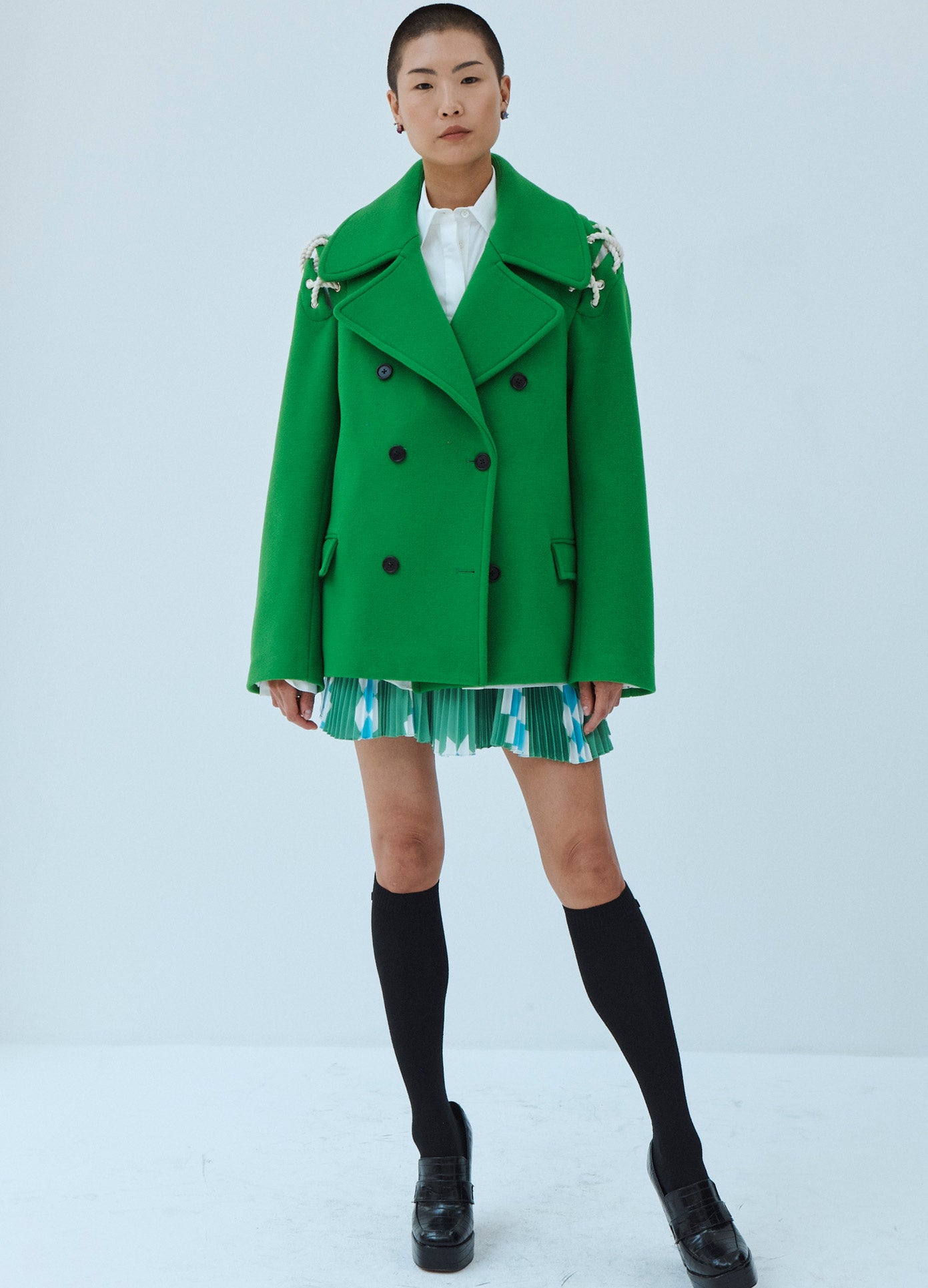 MONSE Double Faced Wool Peacoat in Green on Model Front View