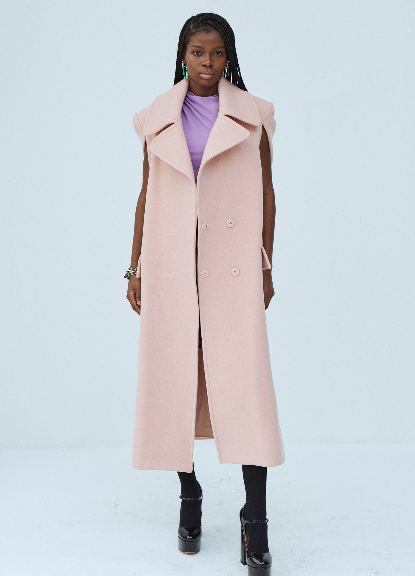 MONSE Double Faced Wool Slit Sleeve Detail Coat in Pink on Model Front View