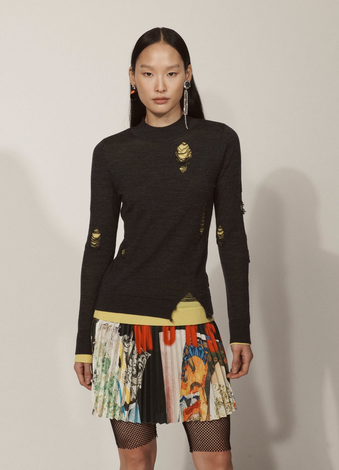 MONSE Double Layer Knit Top in Charcoal and Light Gold on Model Lookbook Front View