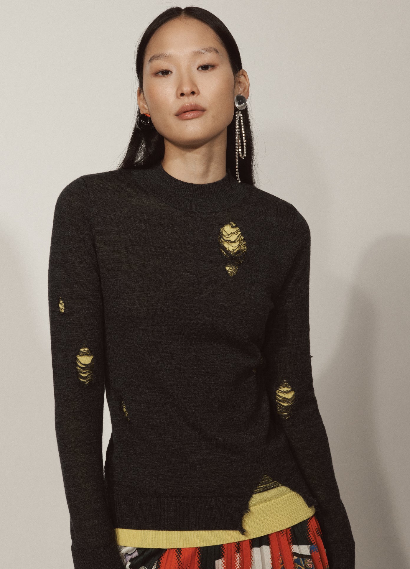 MONSE Double Layer Knit Top in Charcoal and Light Gold on Model Front View