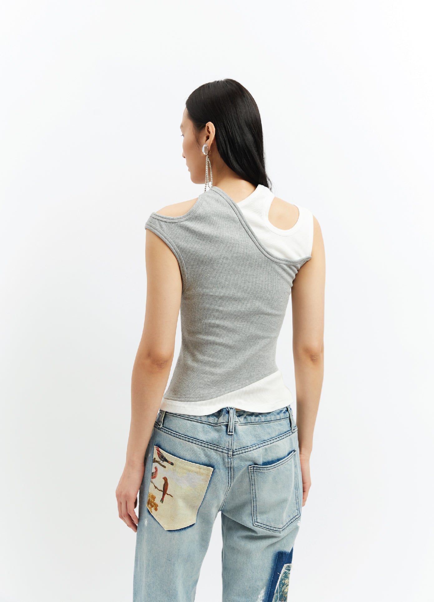 MONSE Double Layer Tank Top in Light Grey and Ivory on Model Back View