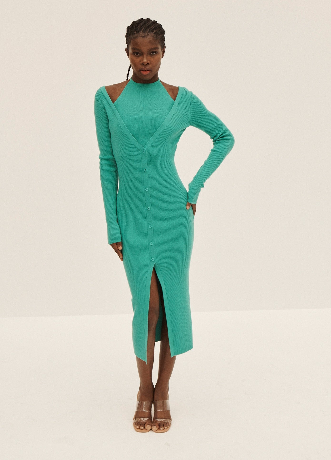 MONSE Double Layered Cardigan Dress in Turquoise on Model Hand on Hip Front View
