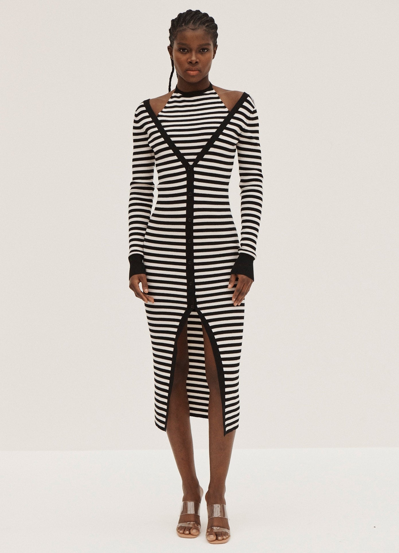 MONSE Double Layered Striped Dress in Black and Ivory on Model Front View