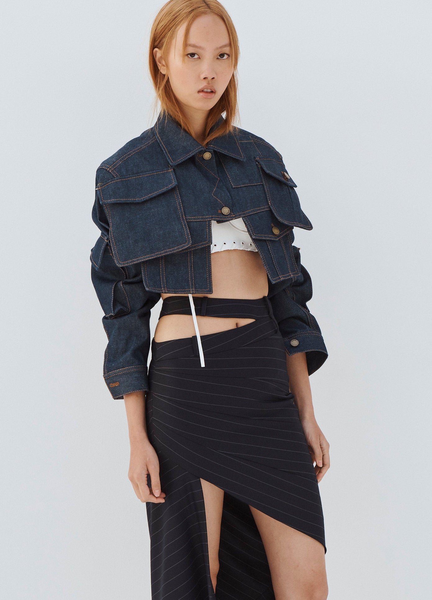 MONSE Double Waistband Asymmetrical Skirt in Midnight on Model Front Side View
