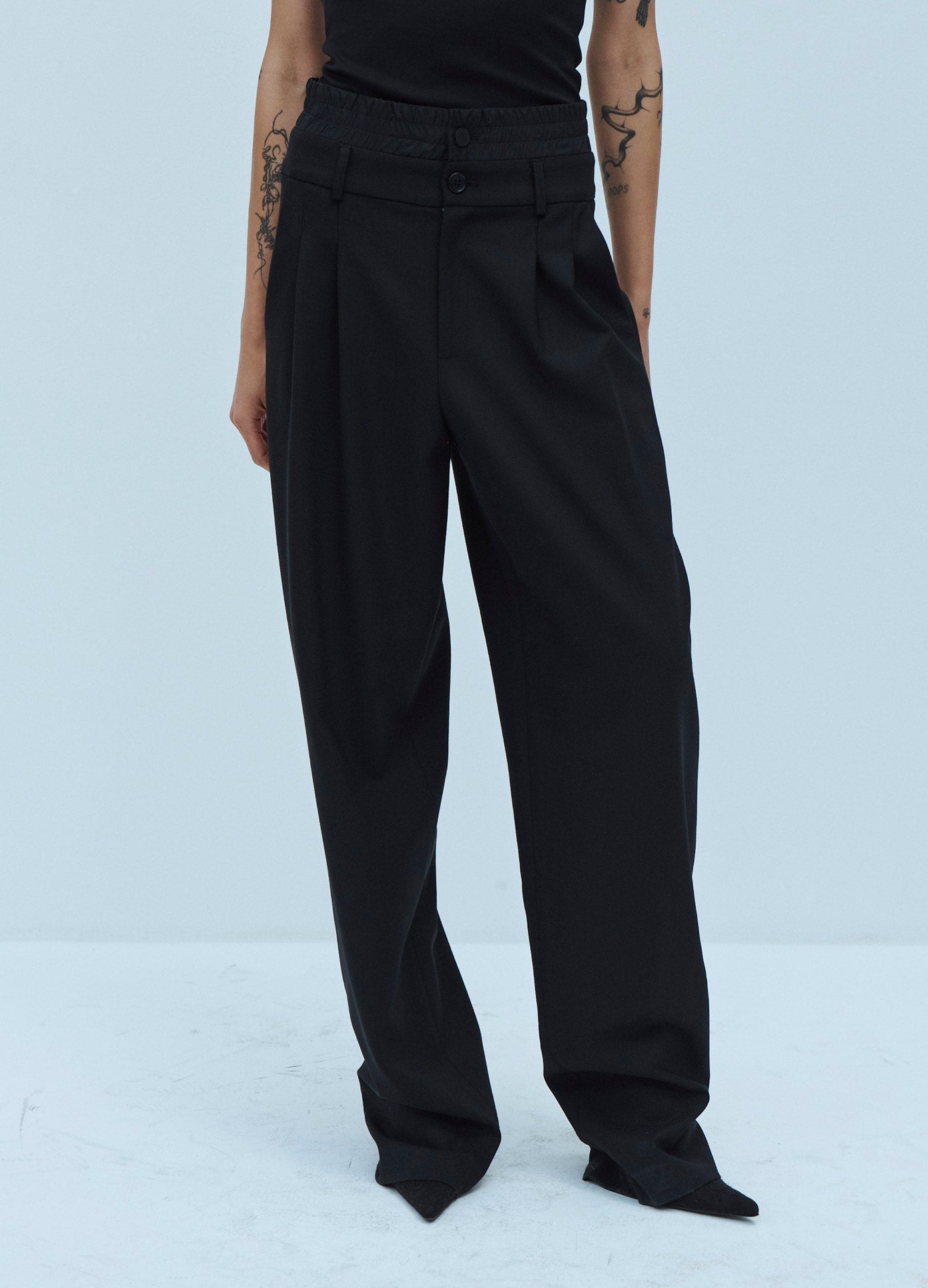 MONSE Double Waistband Trouser in Black on Model Front Detail View