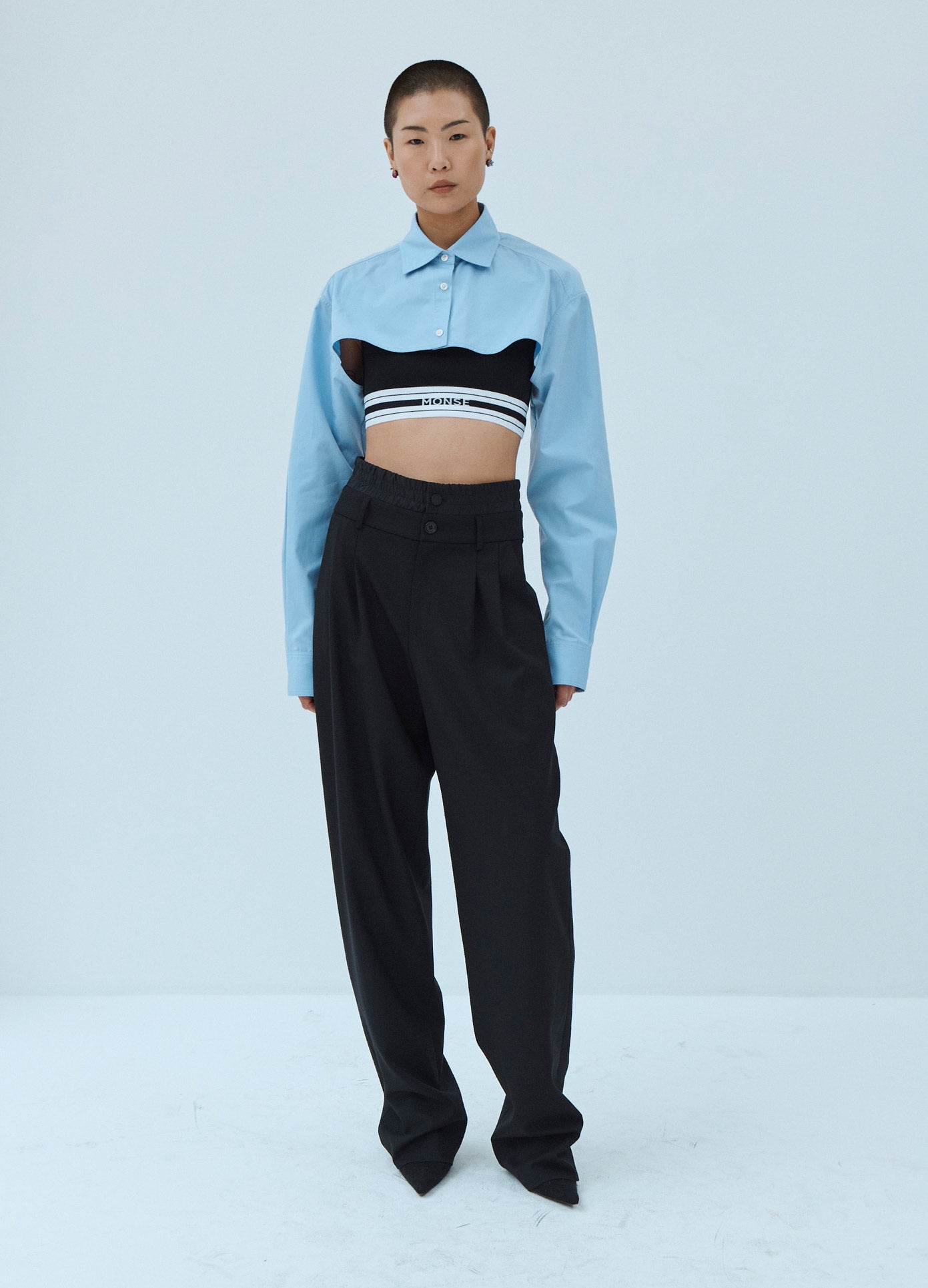 MONSE Double Waistband Trouser in Black on Model Front View