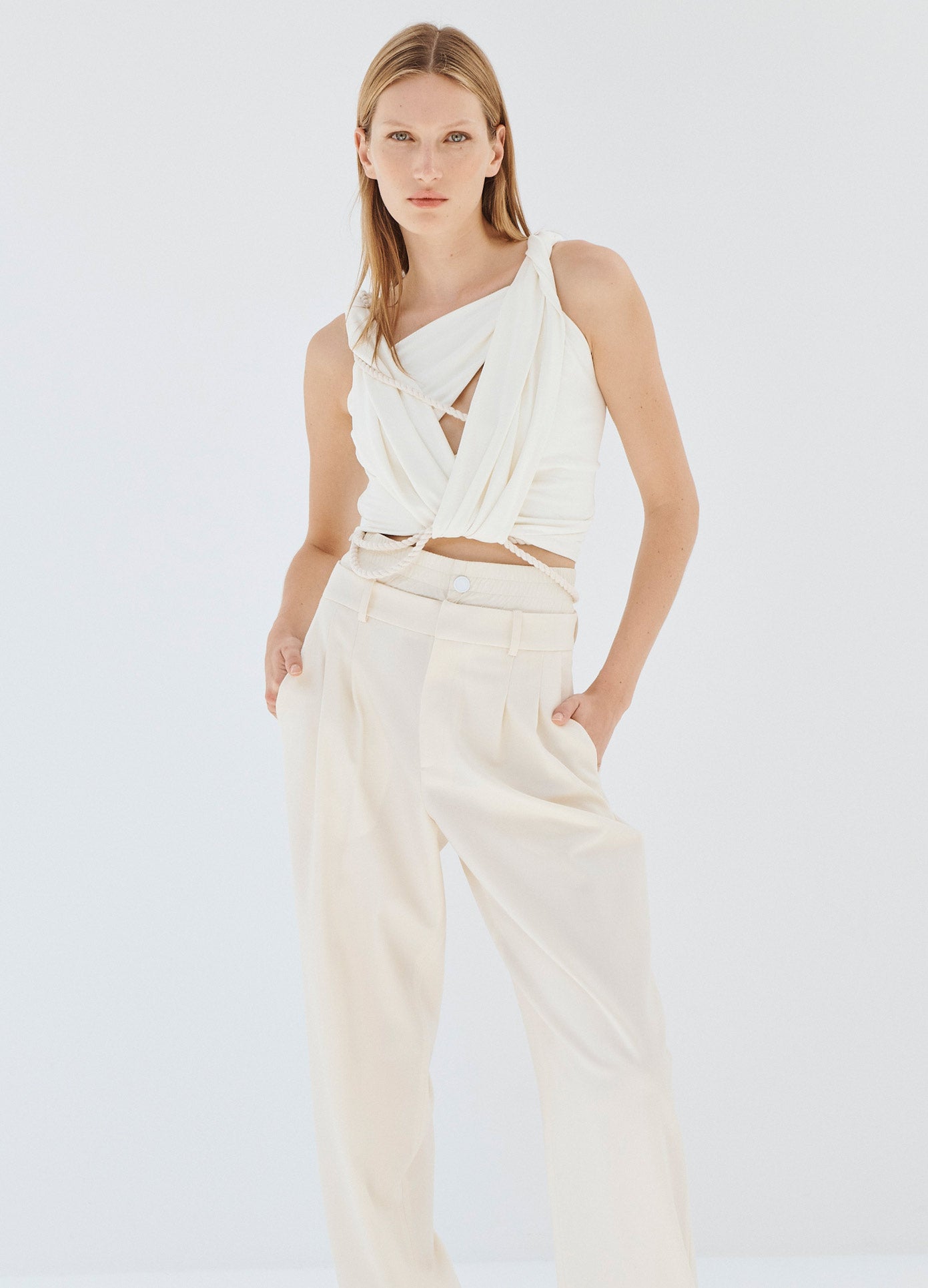 MONSE Double Waistband Trouser in Ivory on Model Front View