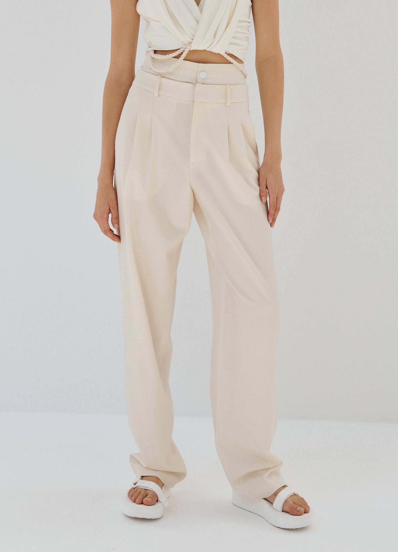 MONSE Double Waistband Trouser in Ivory on Model Front Detail View