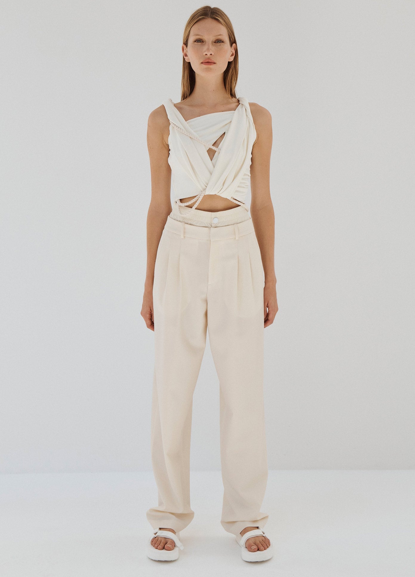 MONSE Double Waistband Trouser in Ivory on Model Full Front View
