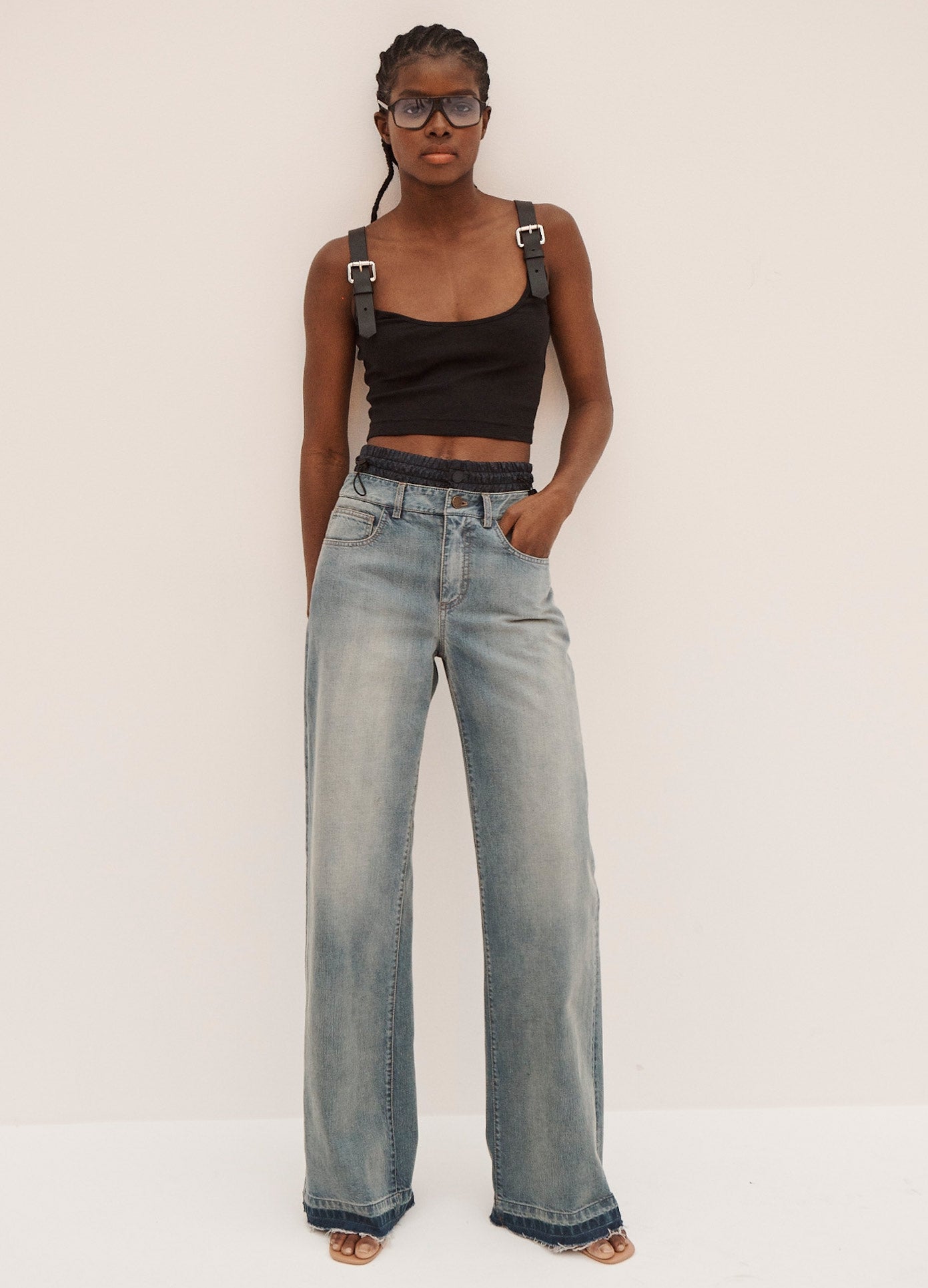 MONSE Double Waisted Denim Pants in Midnight and Indigo on Model Front View