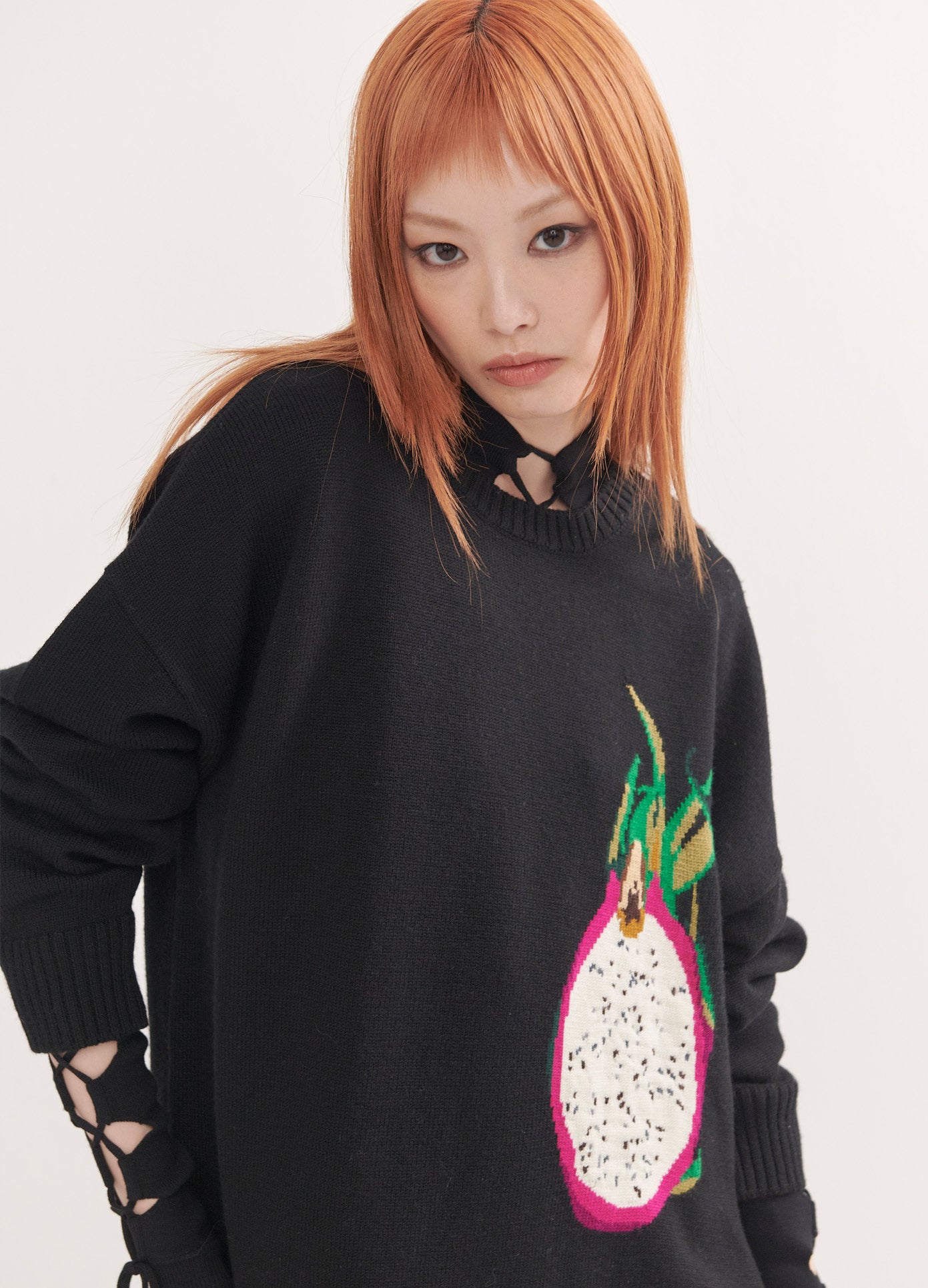 MONSE Dragonfruit Pullover in Black on Model Front Detail View