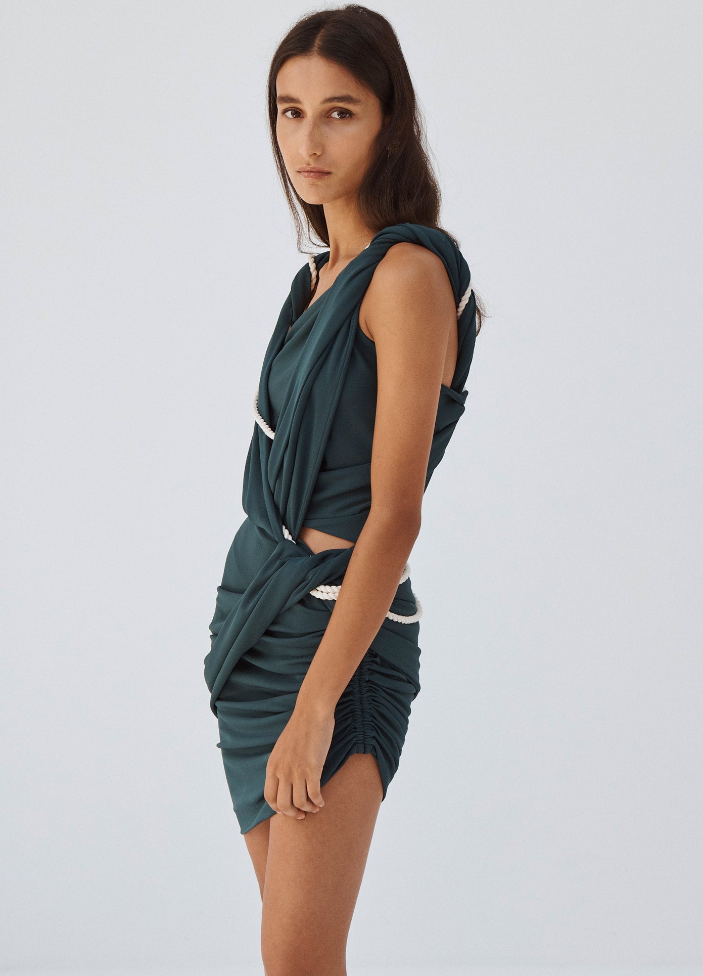 MONSE Draped Rope Dress in Petrol on Model Side View