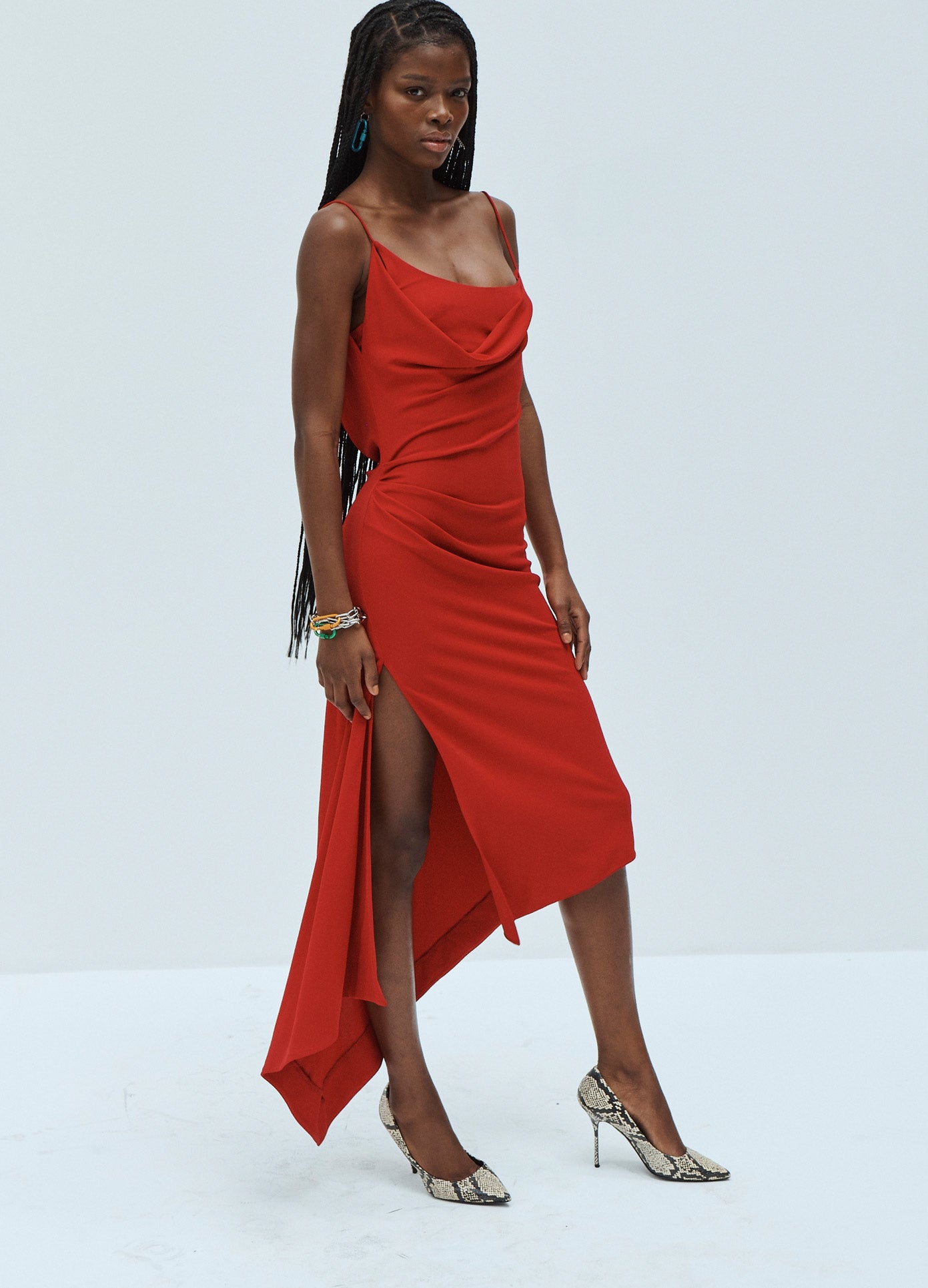MONSE Draped Slip Dress in Ruby on Model Side View