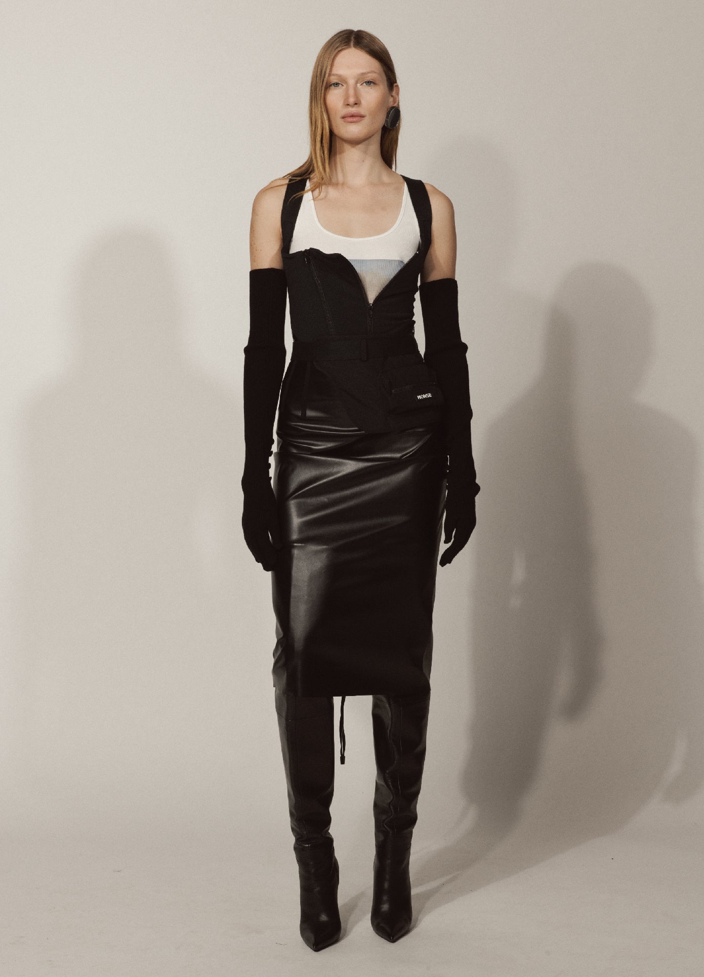 Faux Leather Pencil Skirt in Black on Model Lookbook Full Front View