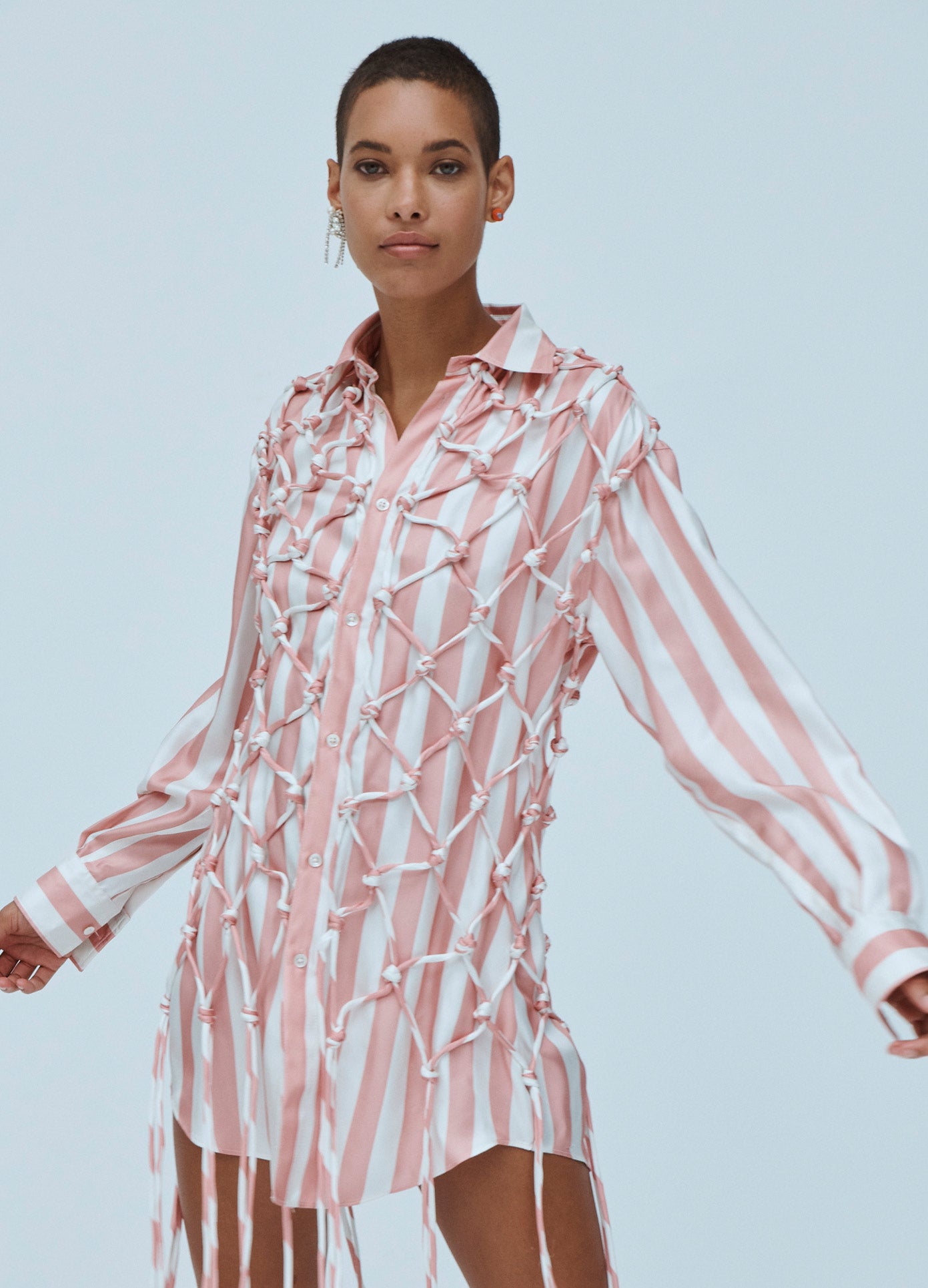 MONSE Fishnet Detail Striped Shirt Dress in Pink and Ivory on Model Front View
